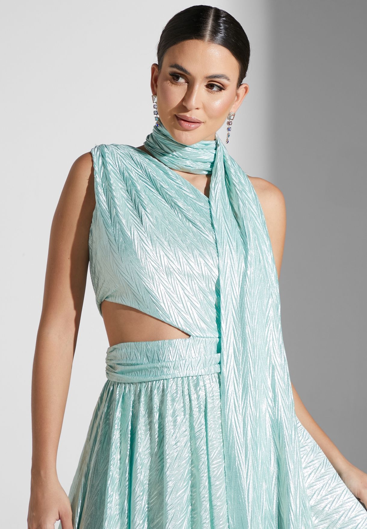 One Shoulder Cutout Detail Shimmer Dress