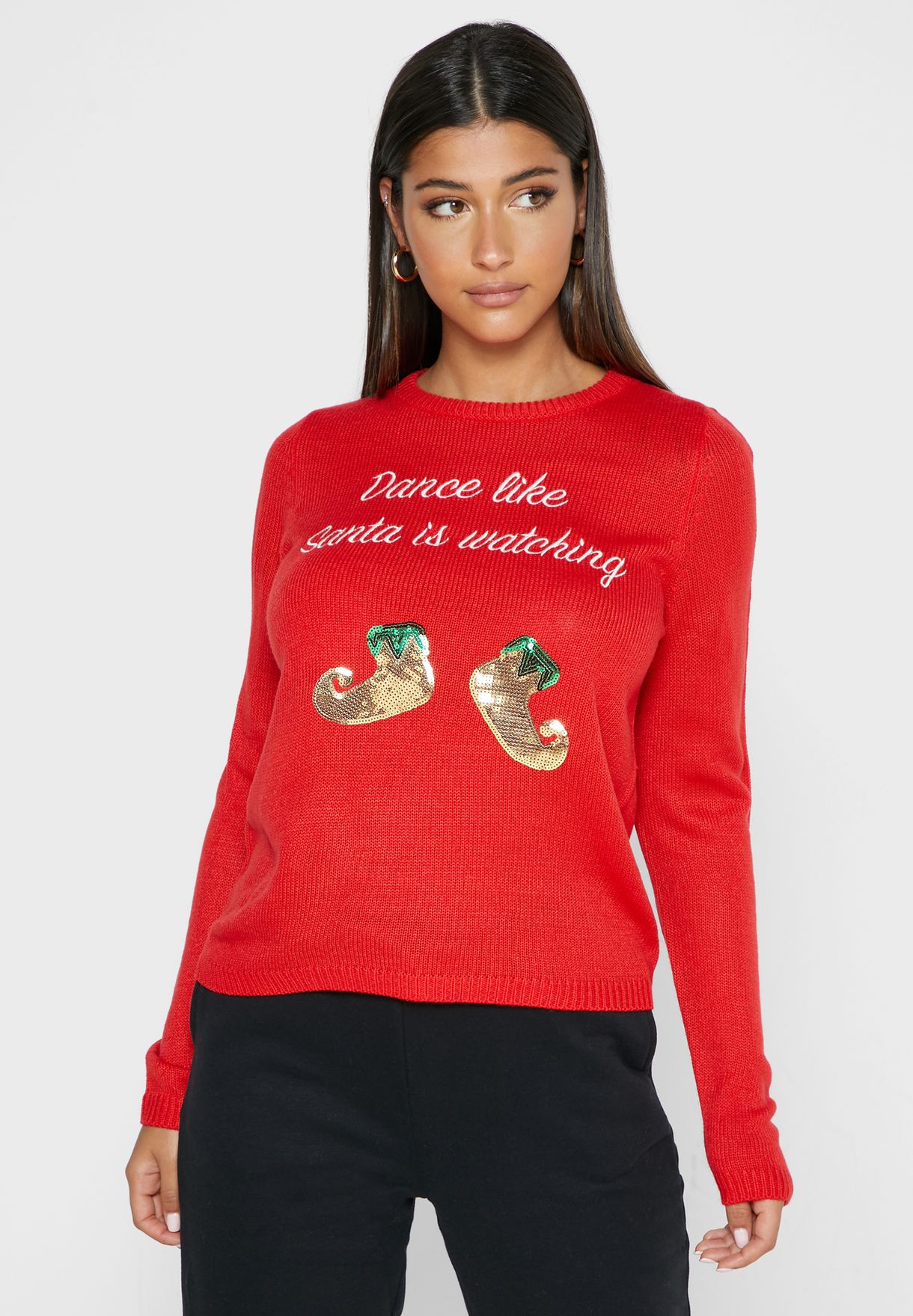 red crew neck sweater women's