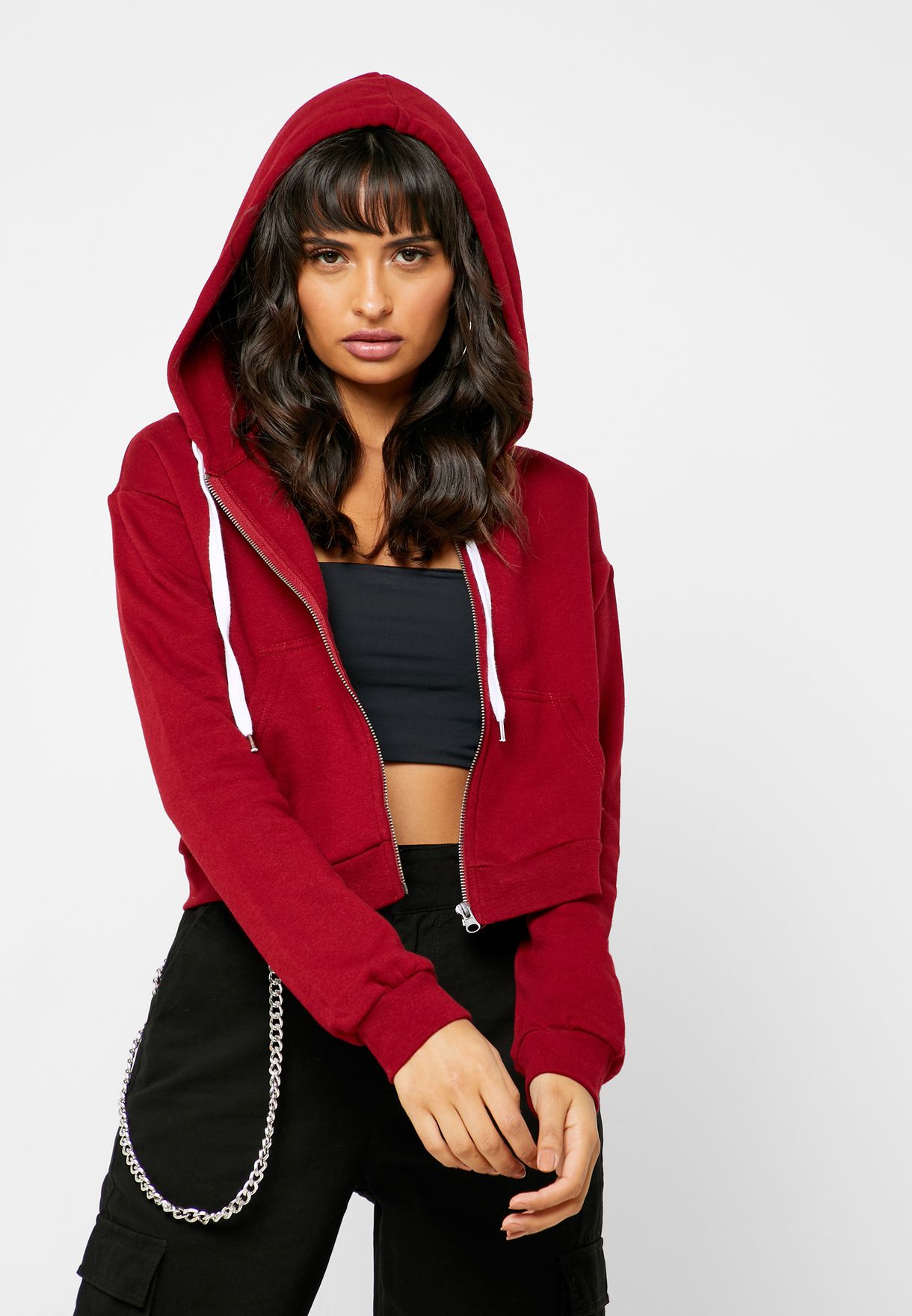 red cropped zip up hoodie