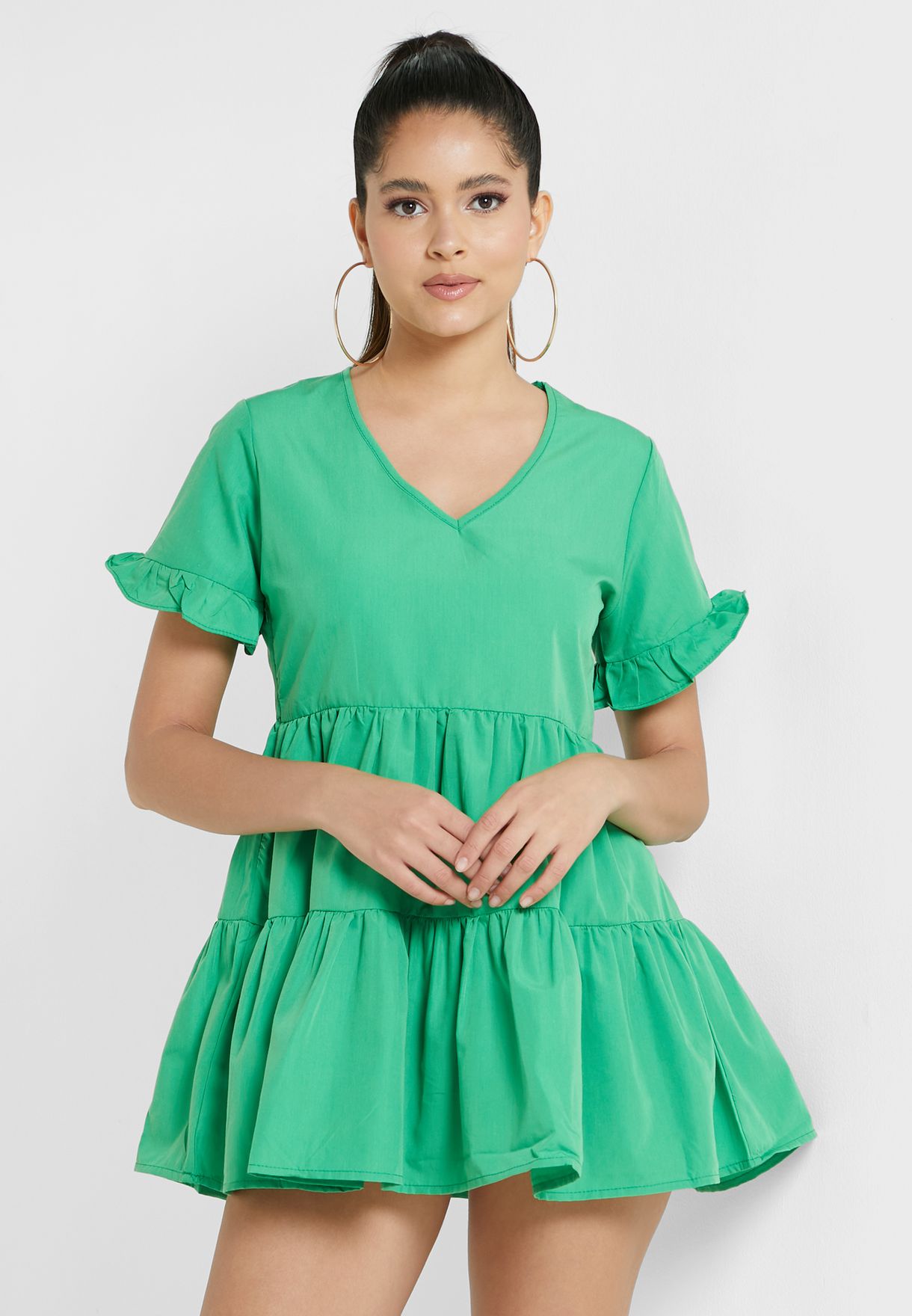 V-Neck Ruffle Detail Tiered Dress