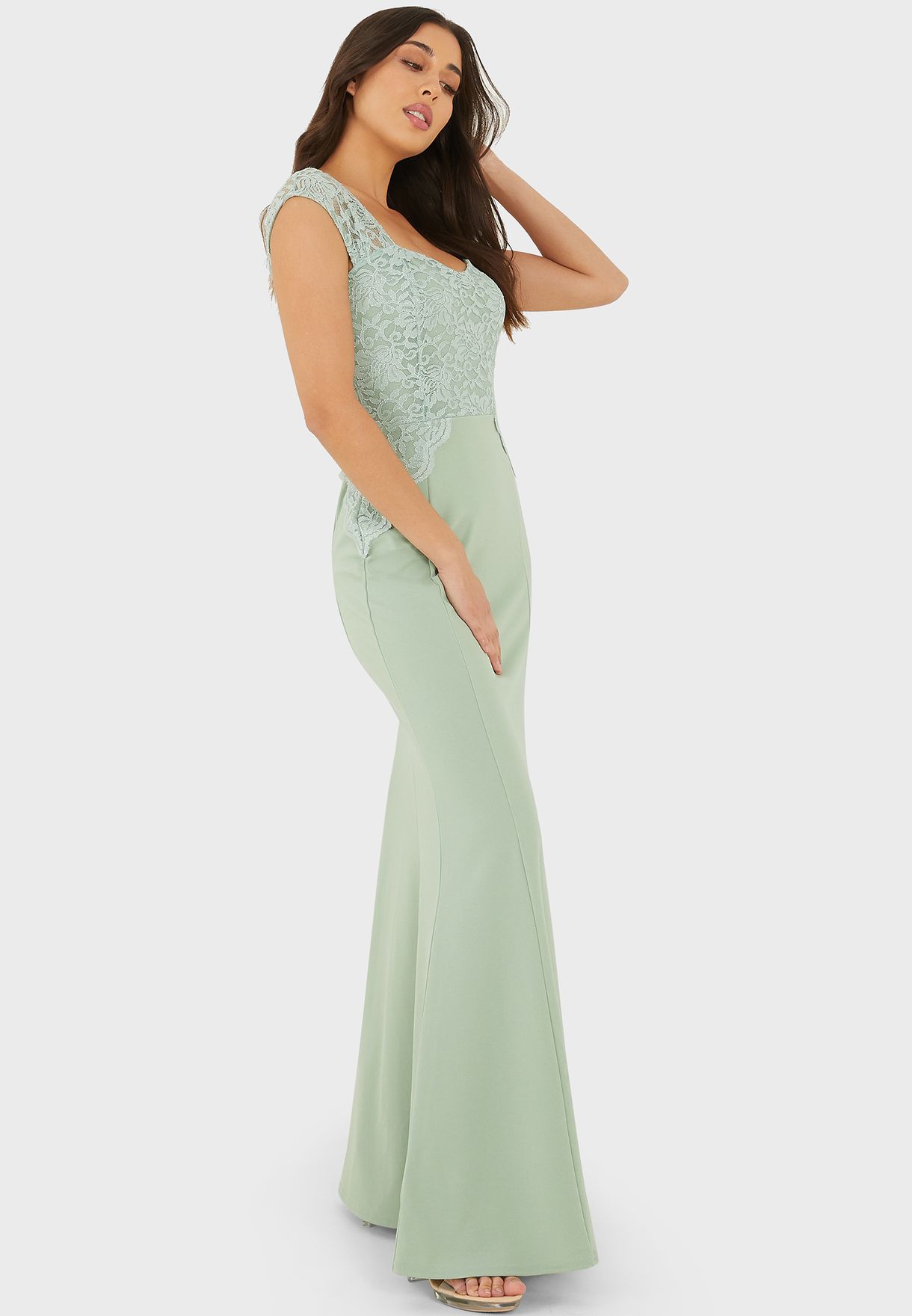 Glitter Lace Ruched Cap Sleeve Maxi Dress
