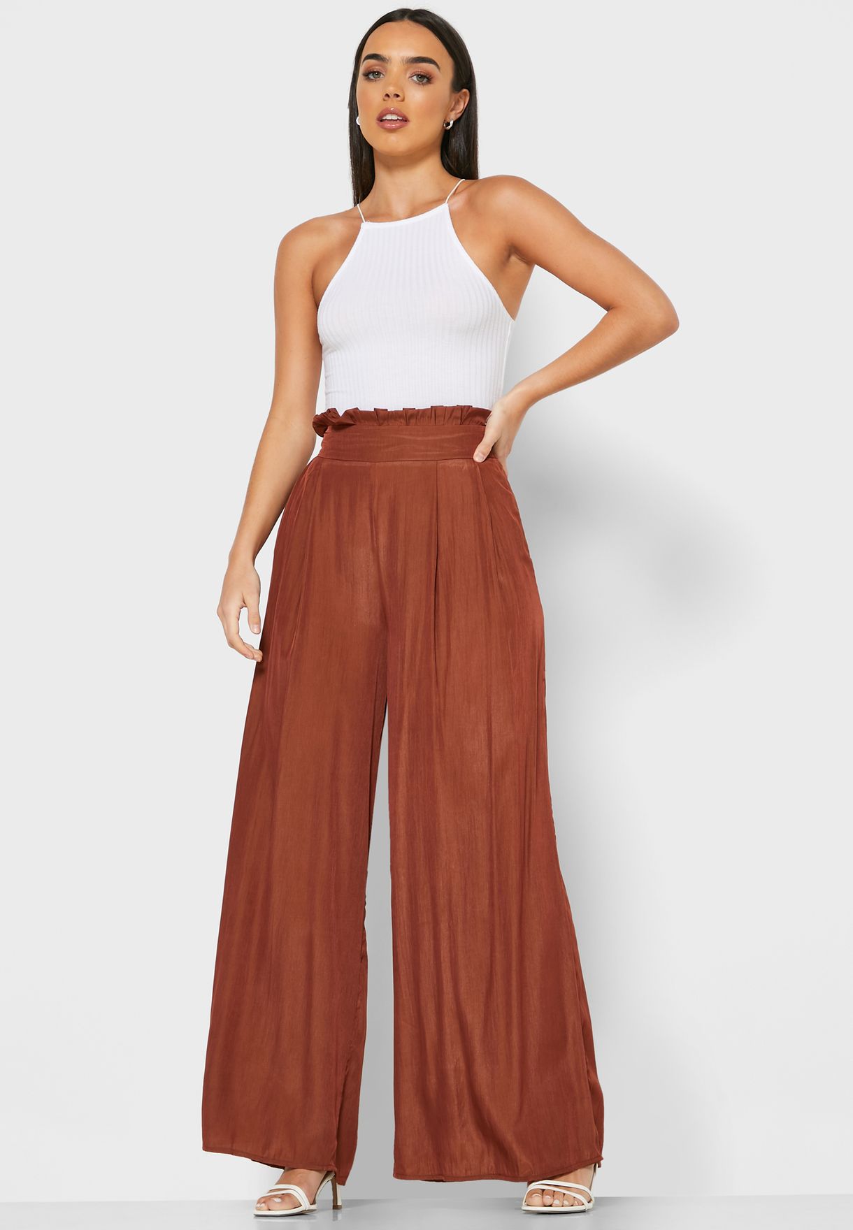 red paperbag waist pants