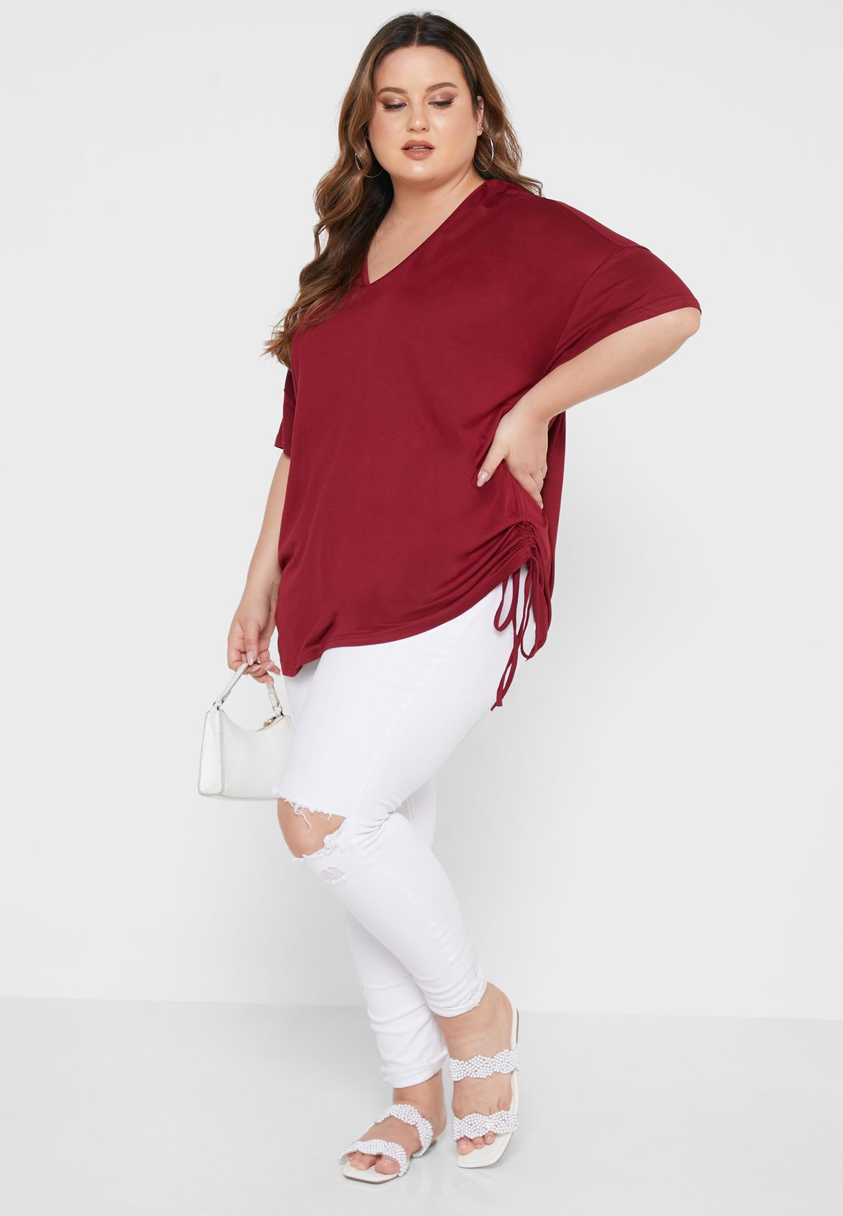  Solid Drawstring Side Top