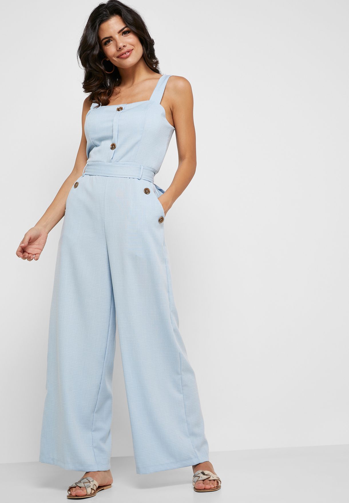 button detail self tie jumpsuit