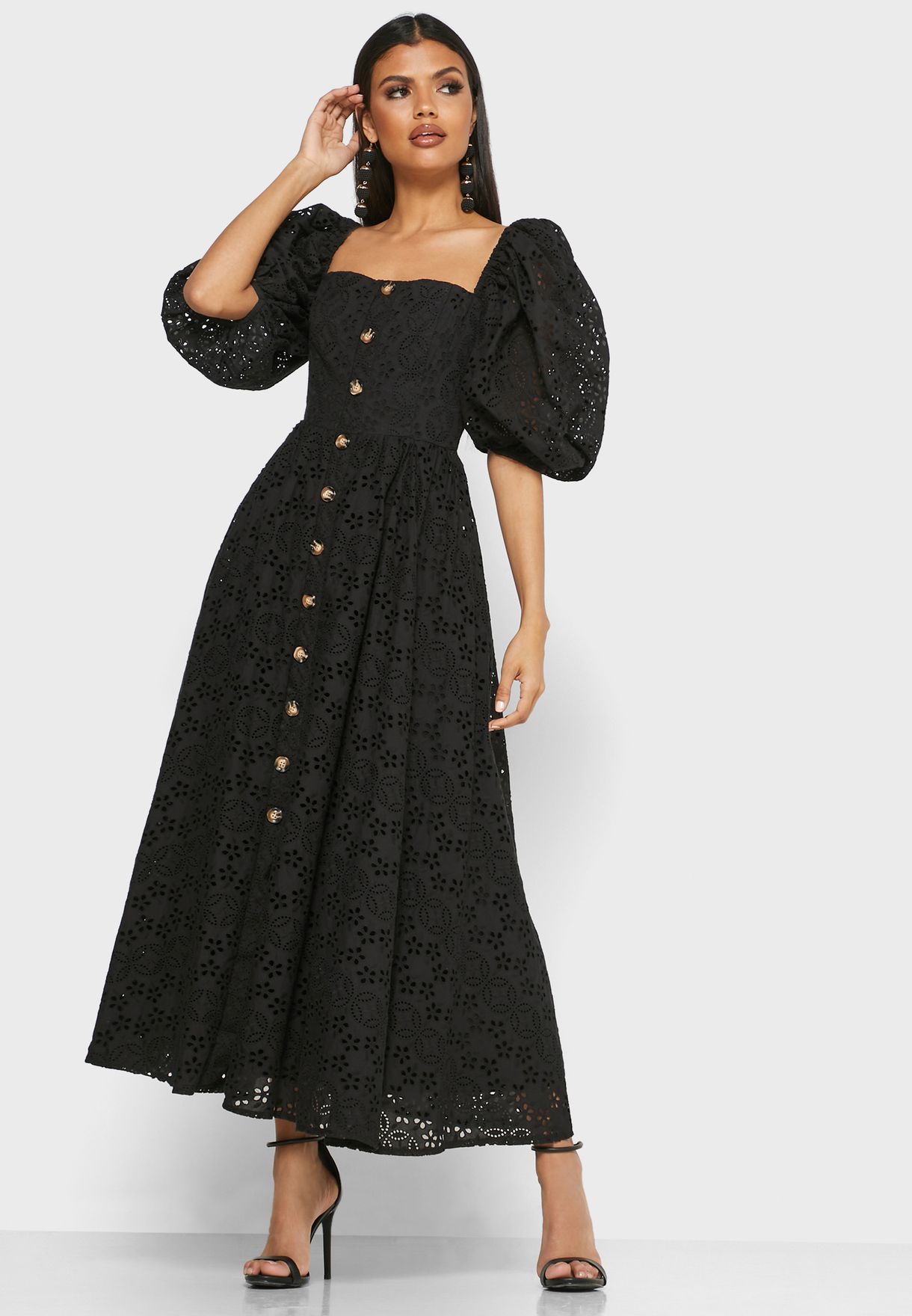Buy Threadz By Ajoni black Puff Sleeve Button Through Schiffli Dress ...