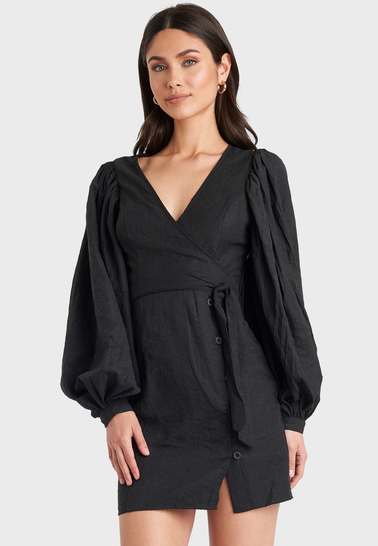 Buy NA-KD black Balloon Sleeve Wrap Dress for Women in MENA, Worldwide