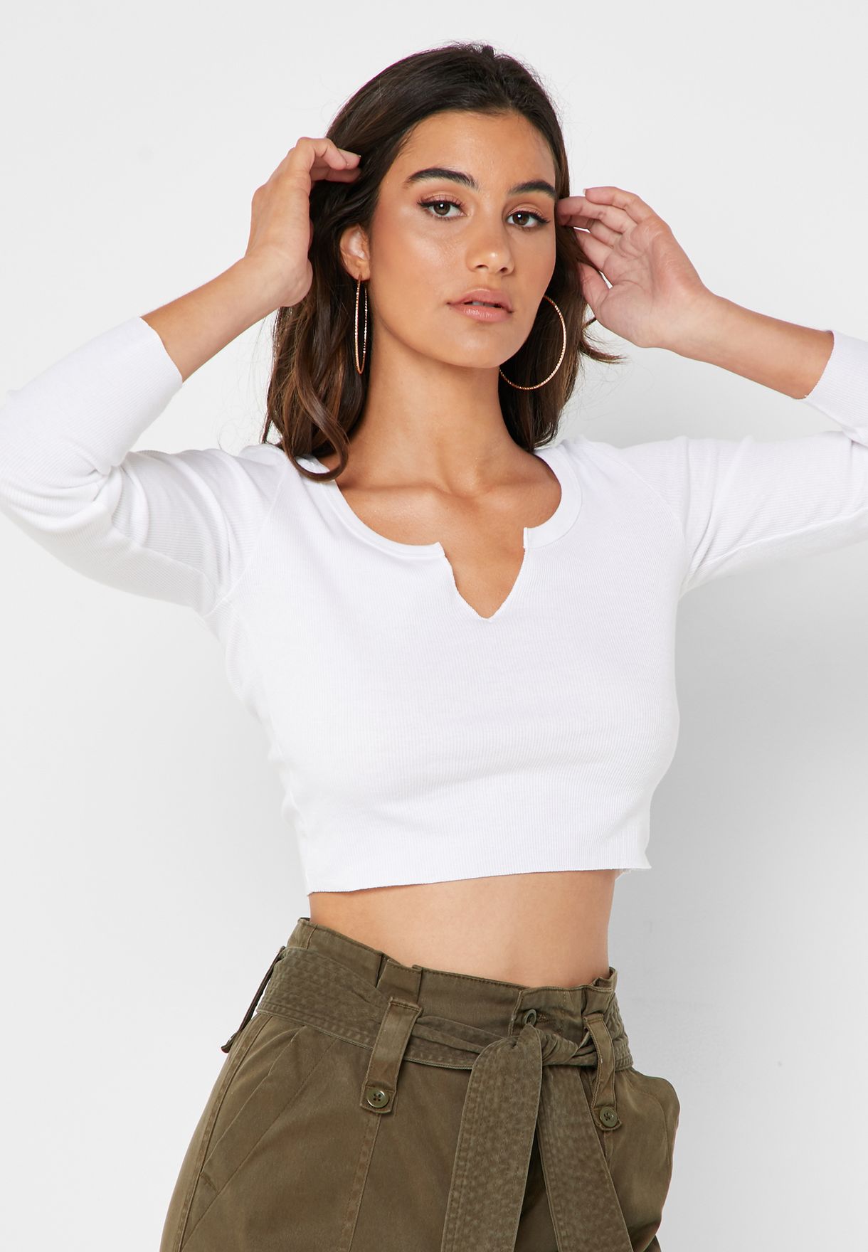 Buy Topshop Petite white Notch Neck Long Sleeve Crop Top for Women in MENA, Worldwide | 26G67PWHT