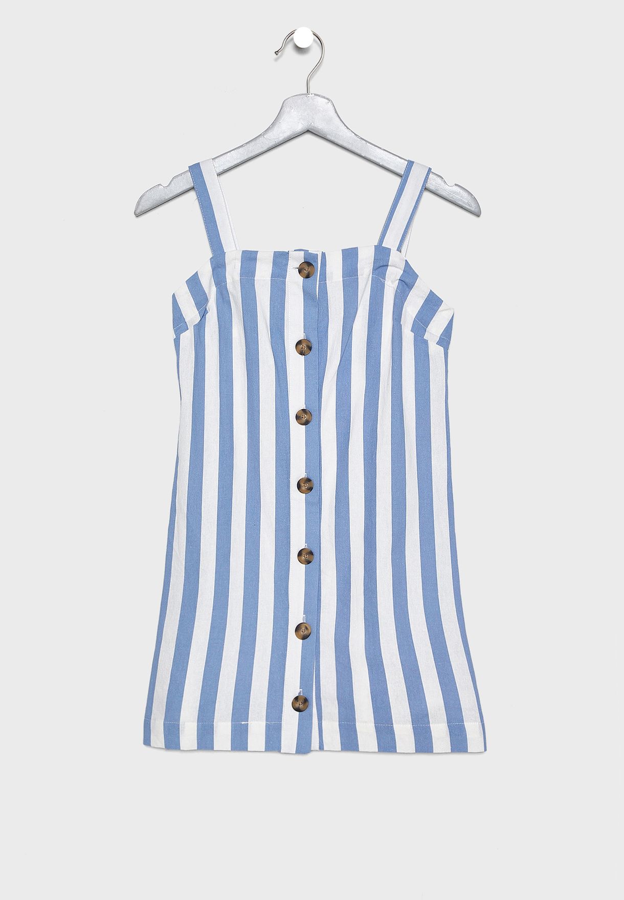 blue and white striped dress with buttons