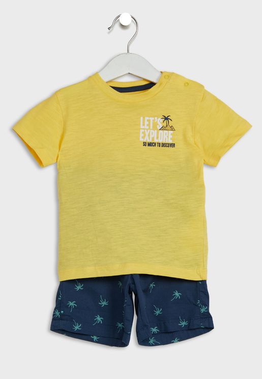 Infant Slogan T-Shirt + Palm Print Shorts Set