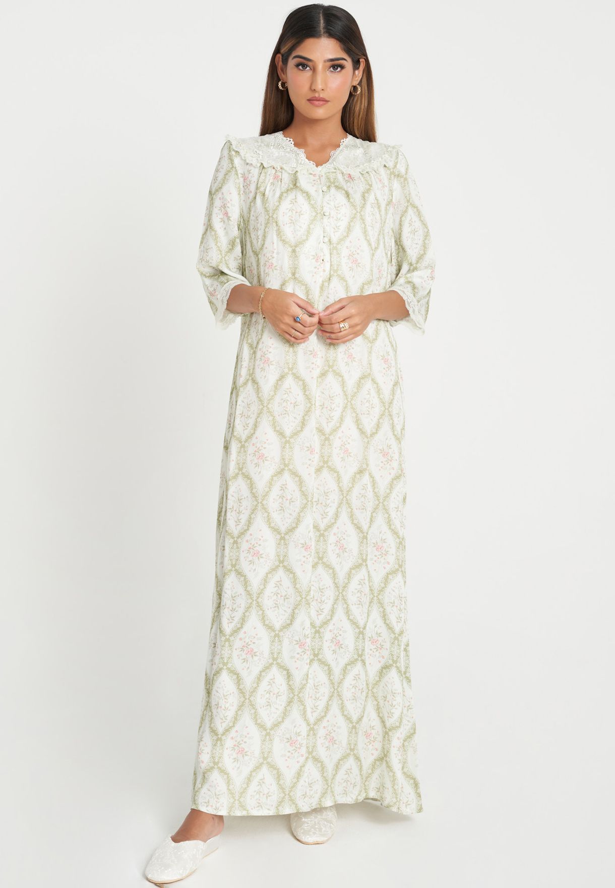 Lace Trim Printed Yoke Nightdress