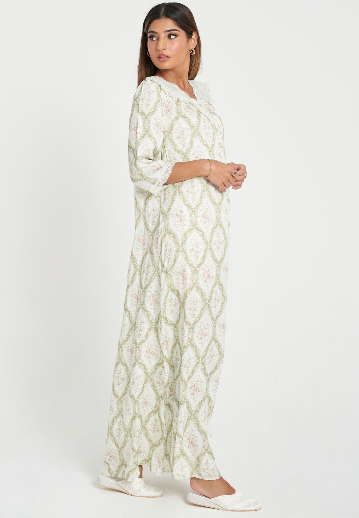 Lace Trim Printed Yoke Nightdress