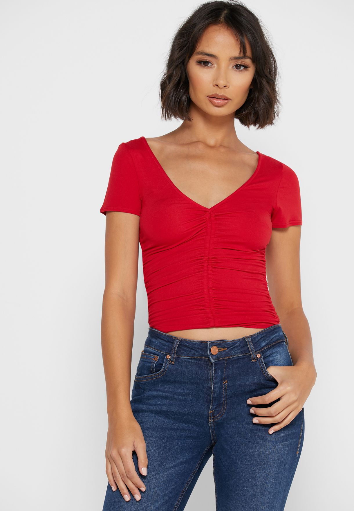 red ruched top