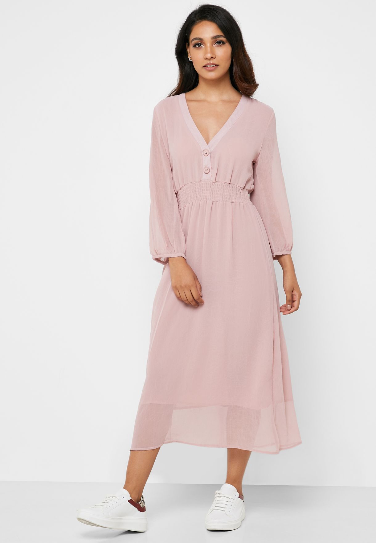 pink button down midi dress