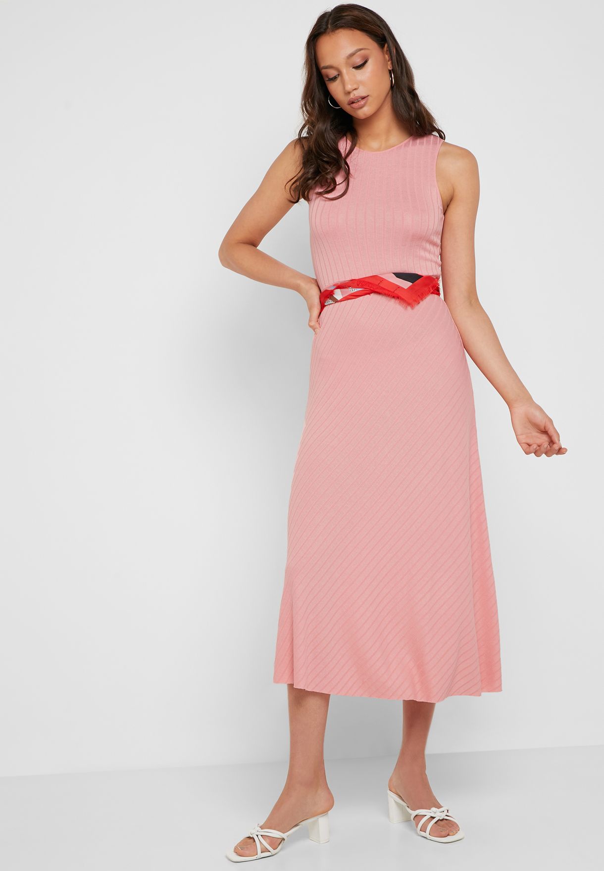 Buy Mango pink Ribbed Tie Waist Dress ...