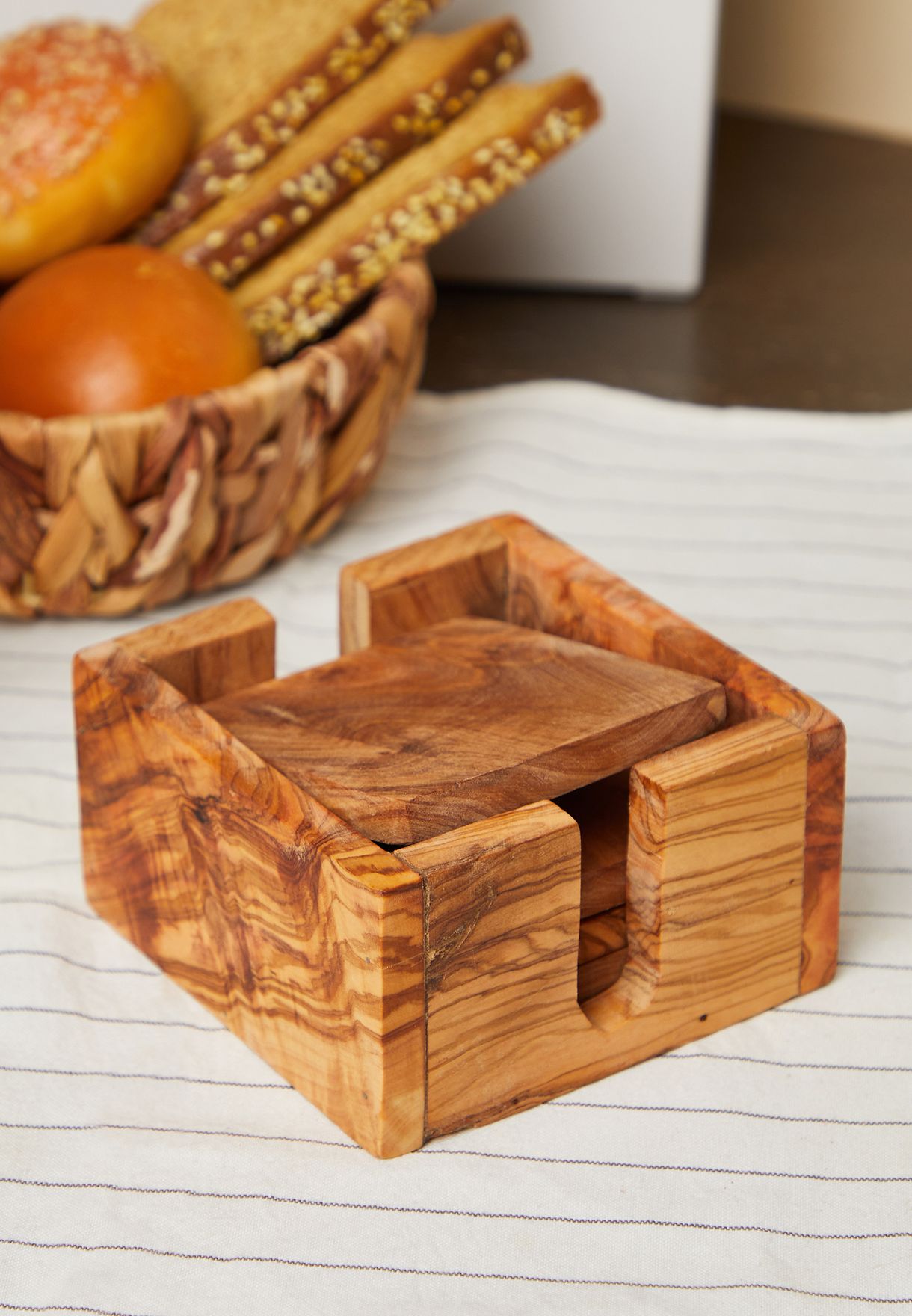 Kora Set Of 4 Olive Wood Coasters With Holder