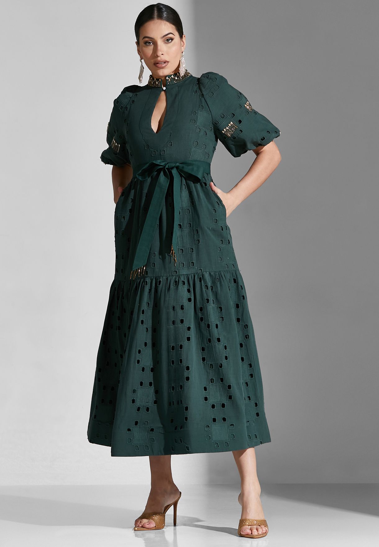 Cutwork Detail Belted Dress