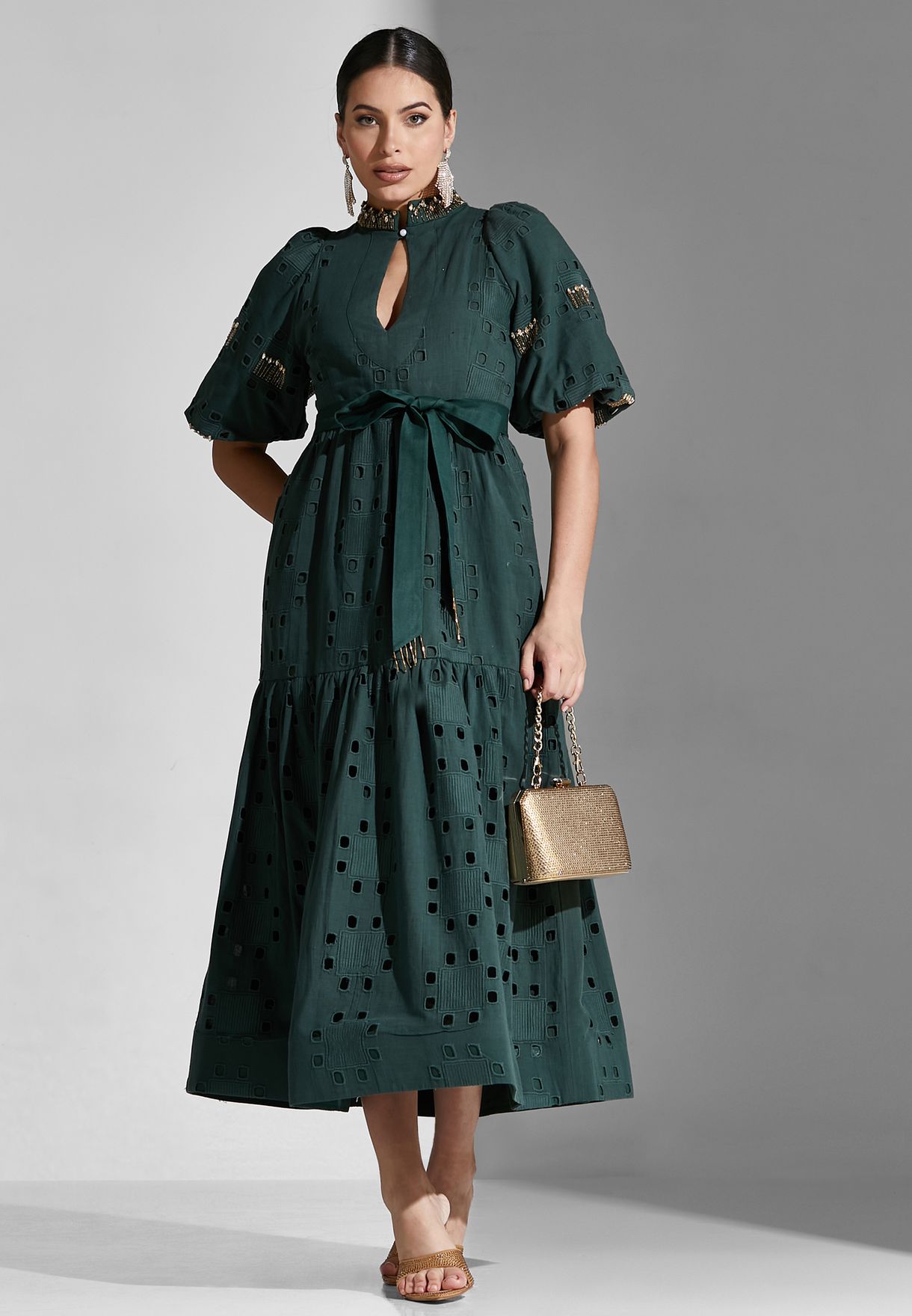 Cutwork Detail Belted Dress
