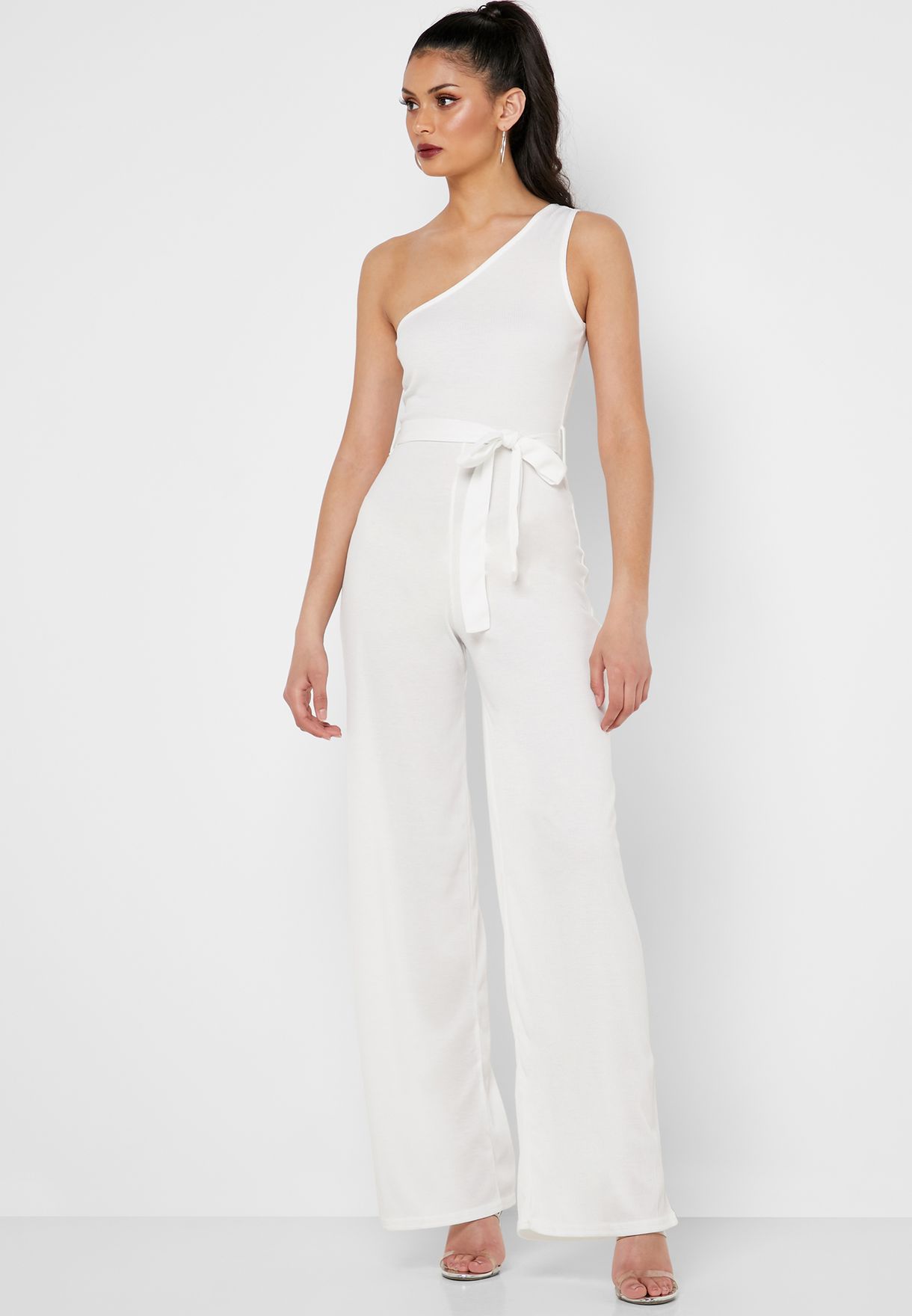 one shoulder belted jumpsuit