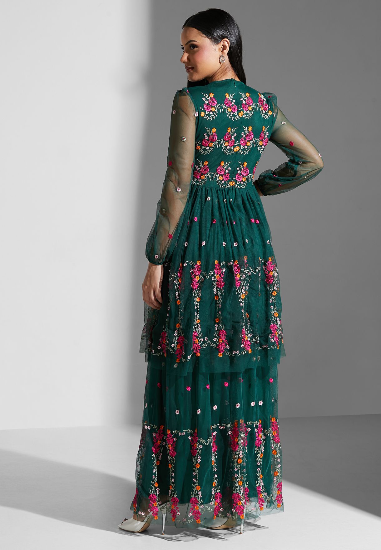 Puff Sleeve Embroidered Layered Dress