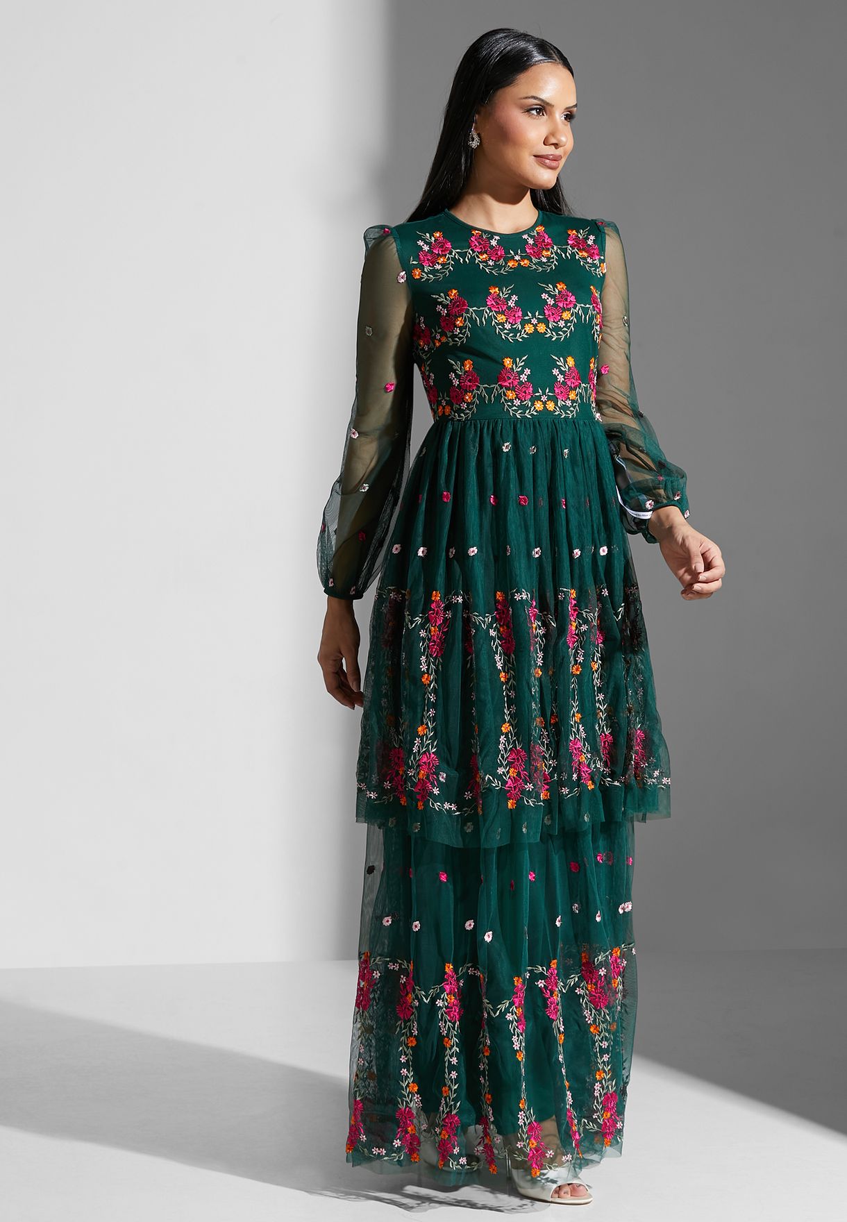 Puff Sleeve Embroidered Layered Dress