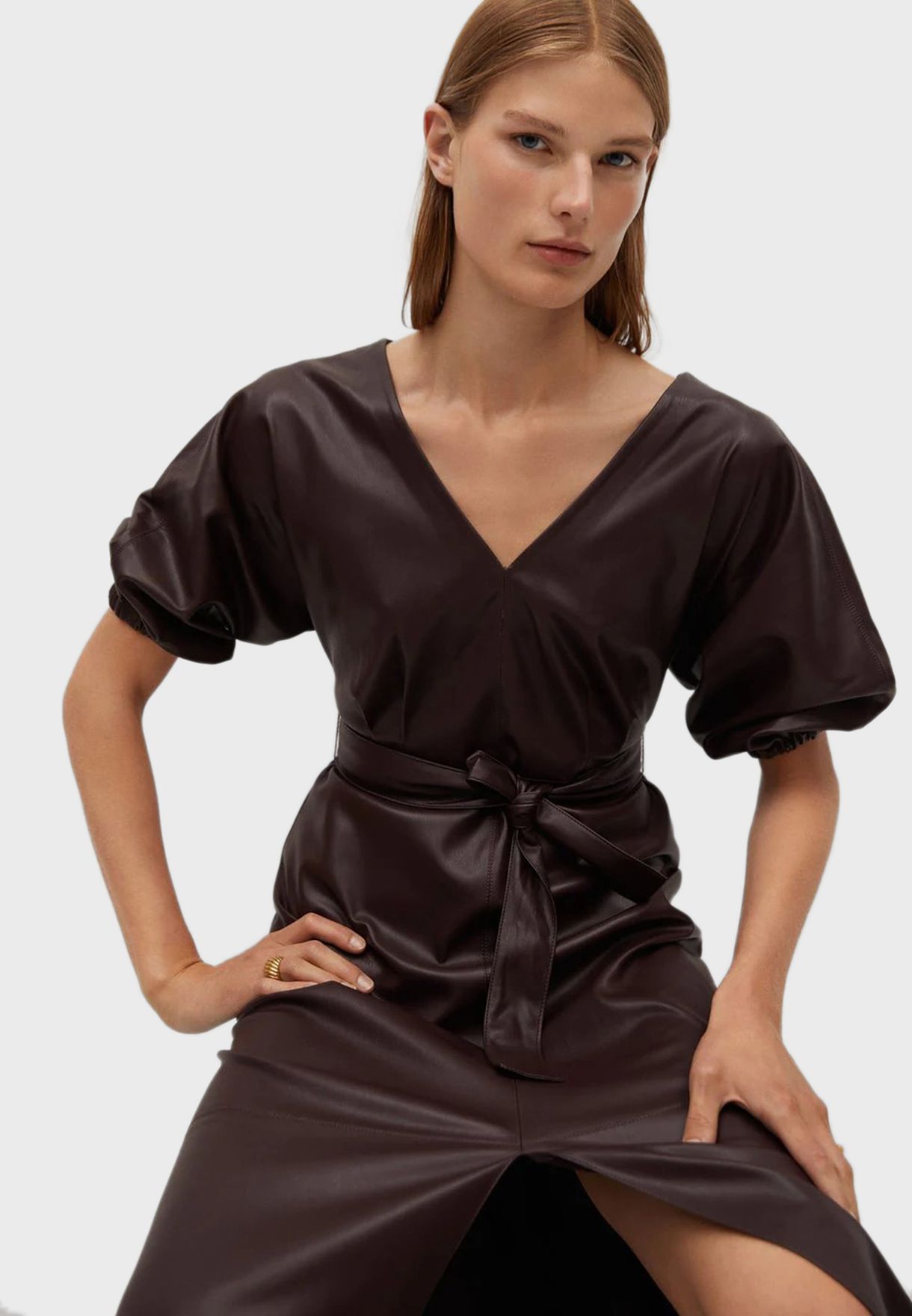 pu belted shirt dress