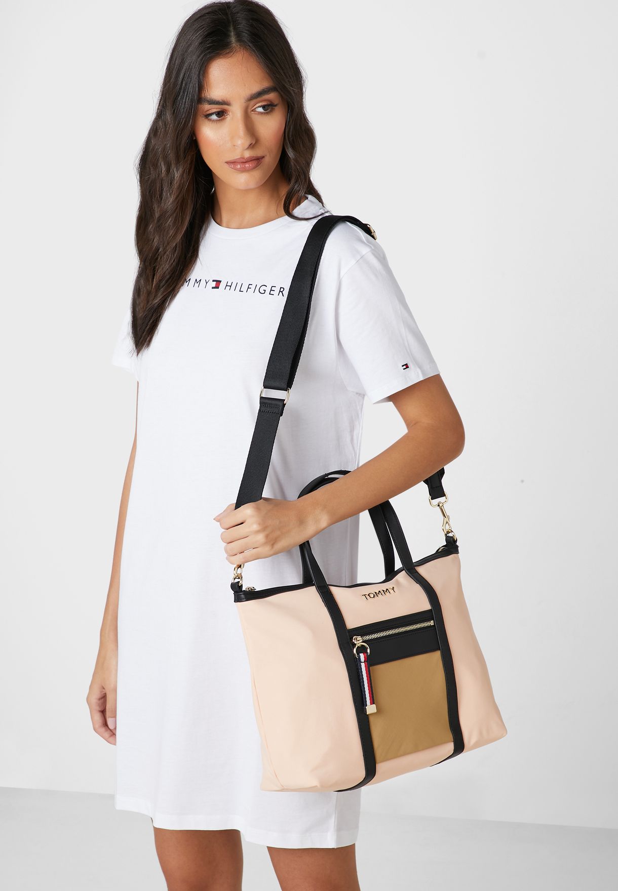 tommy hilfiger front zip double strap handle tote