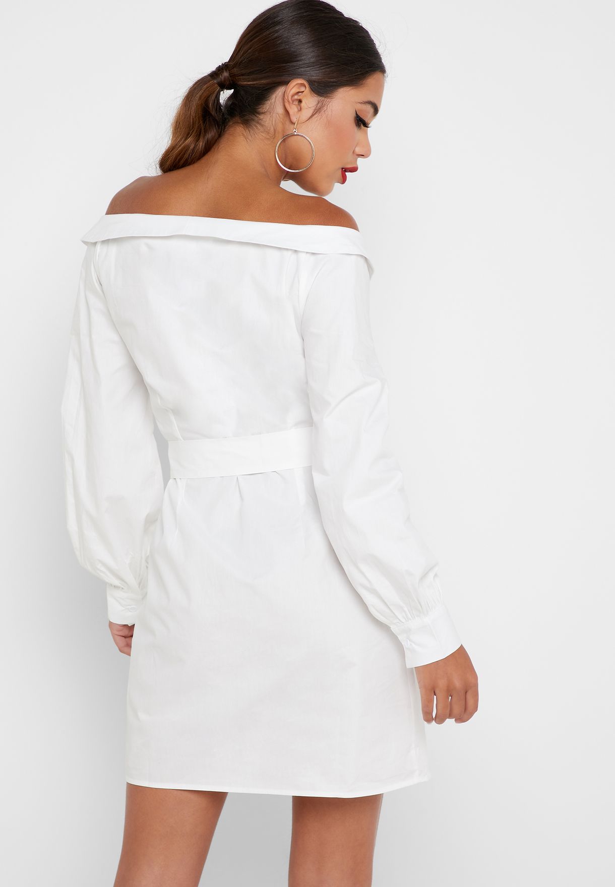 white poplin belted bardot shirt dress