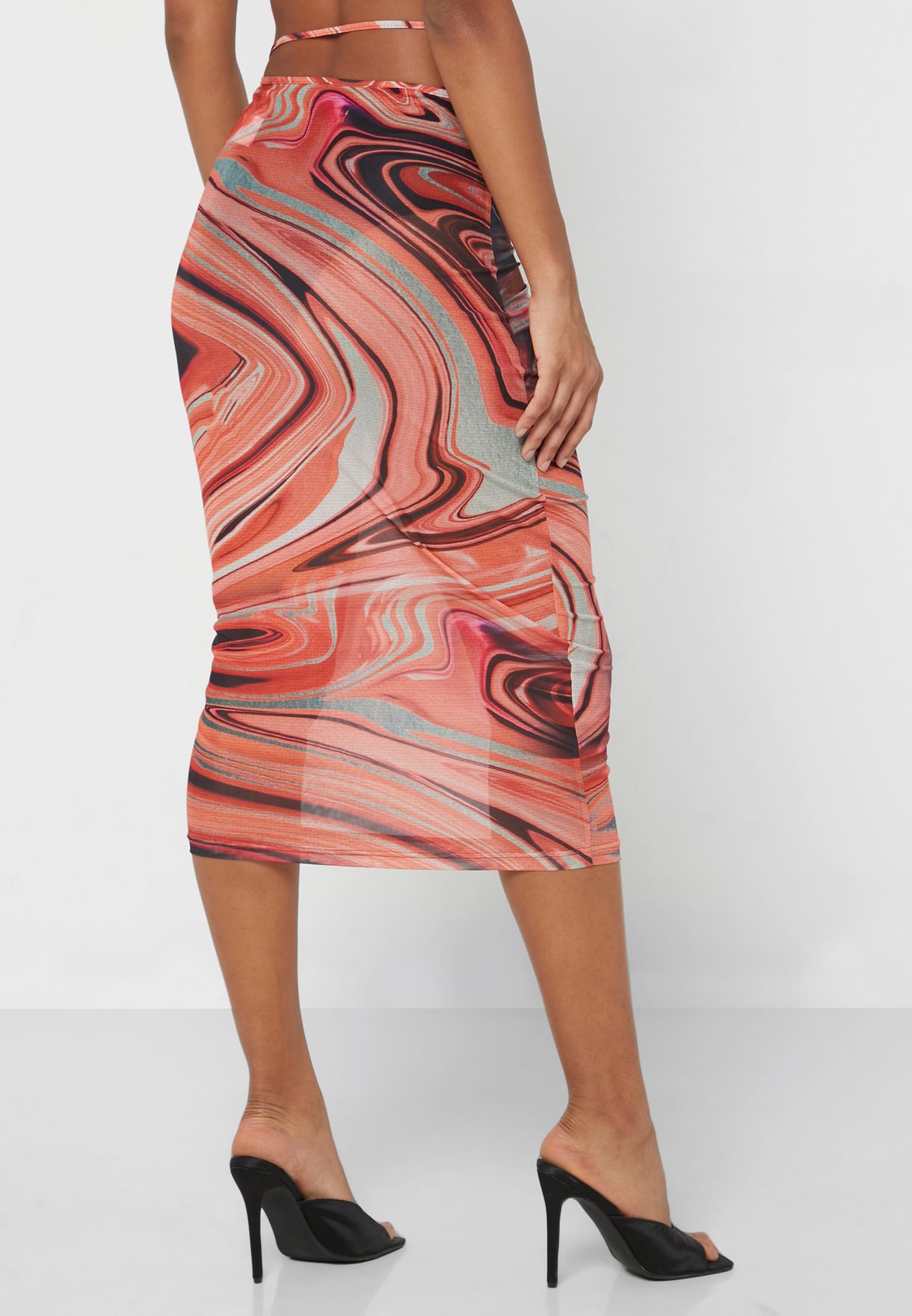 Printed High Waist Midi Skirt