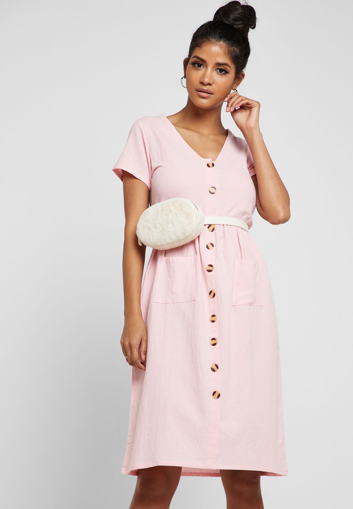 pink button down midi dress