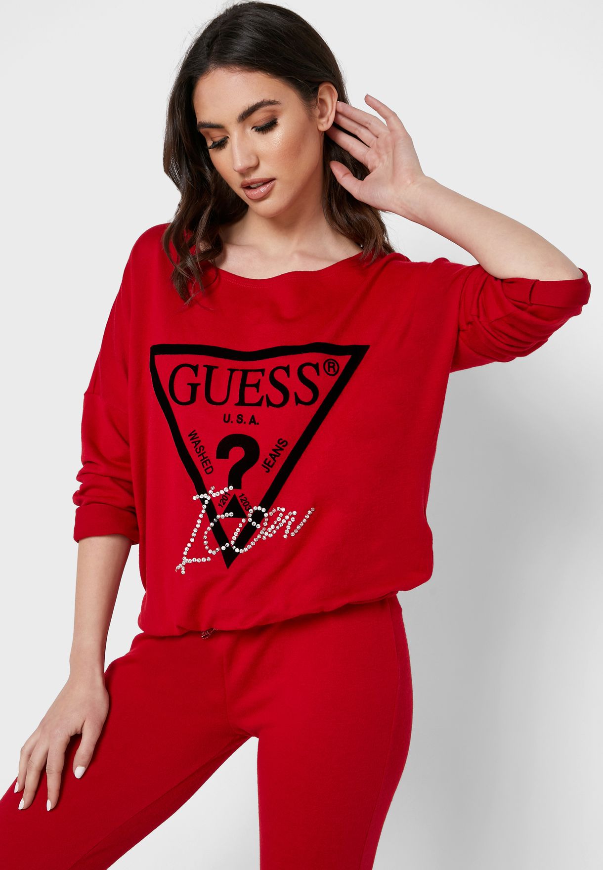 red guess sweatshirt