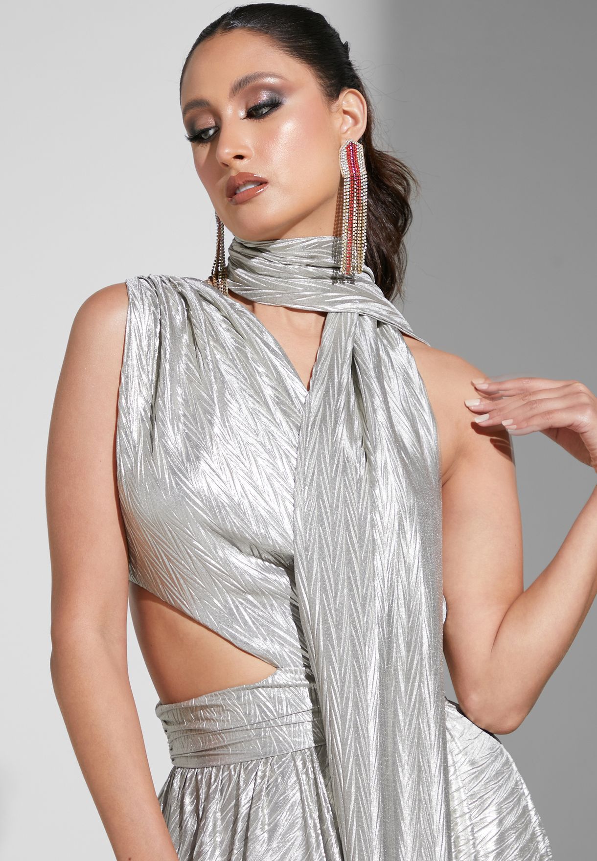 One Shoulder Cutout Detail Shimmer Dress
