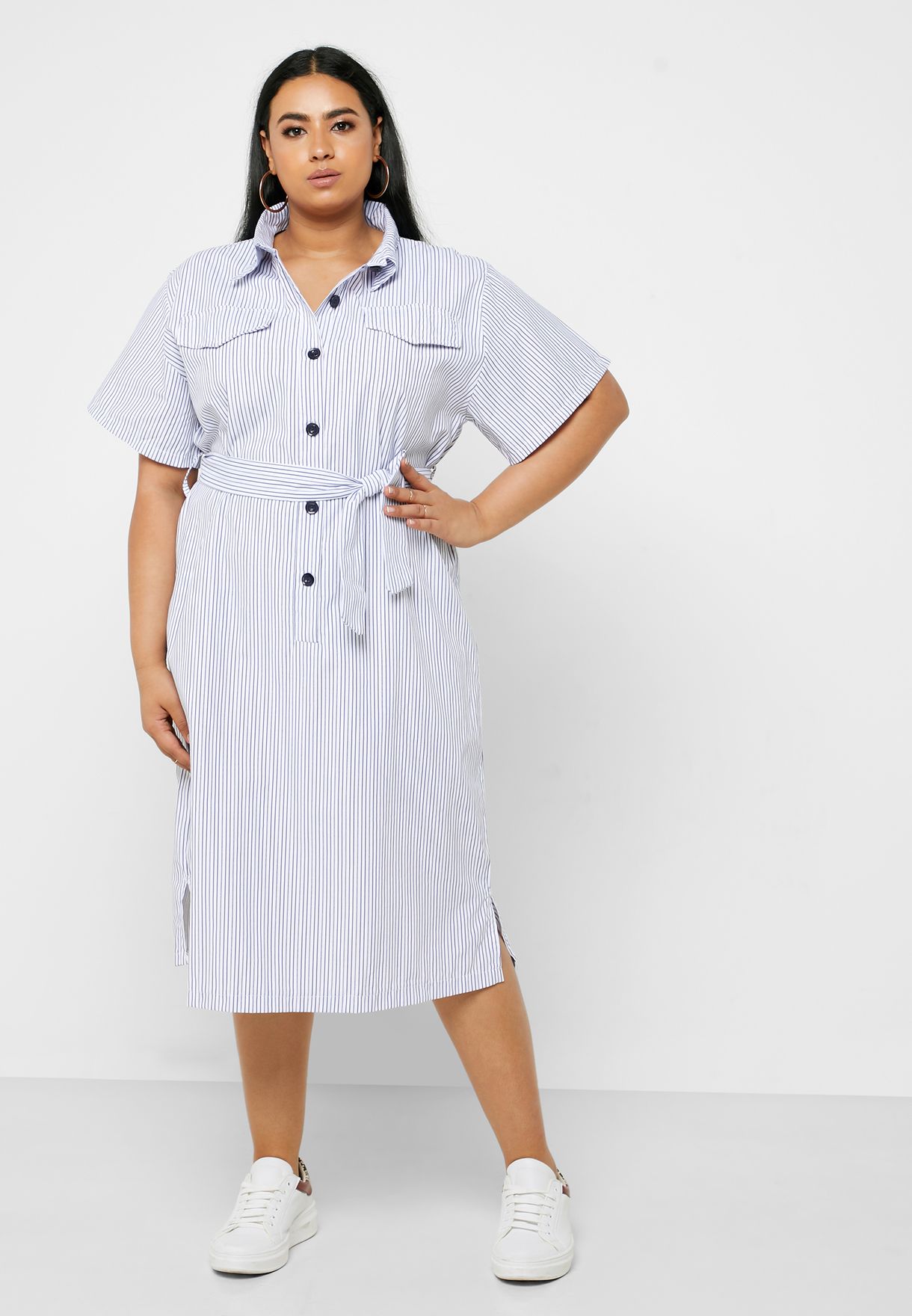 stripe button front midi dress