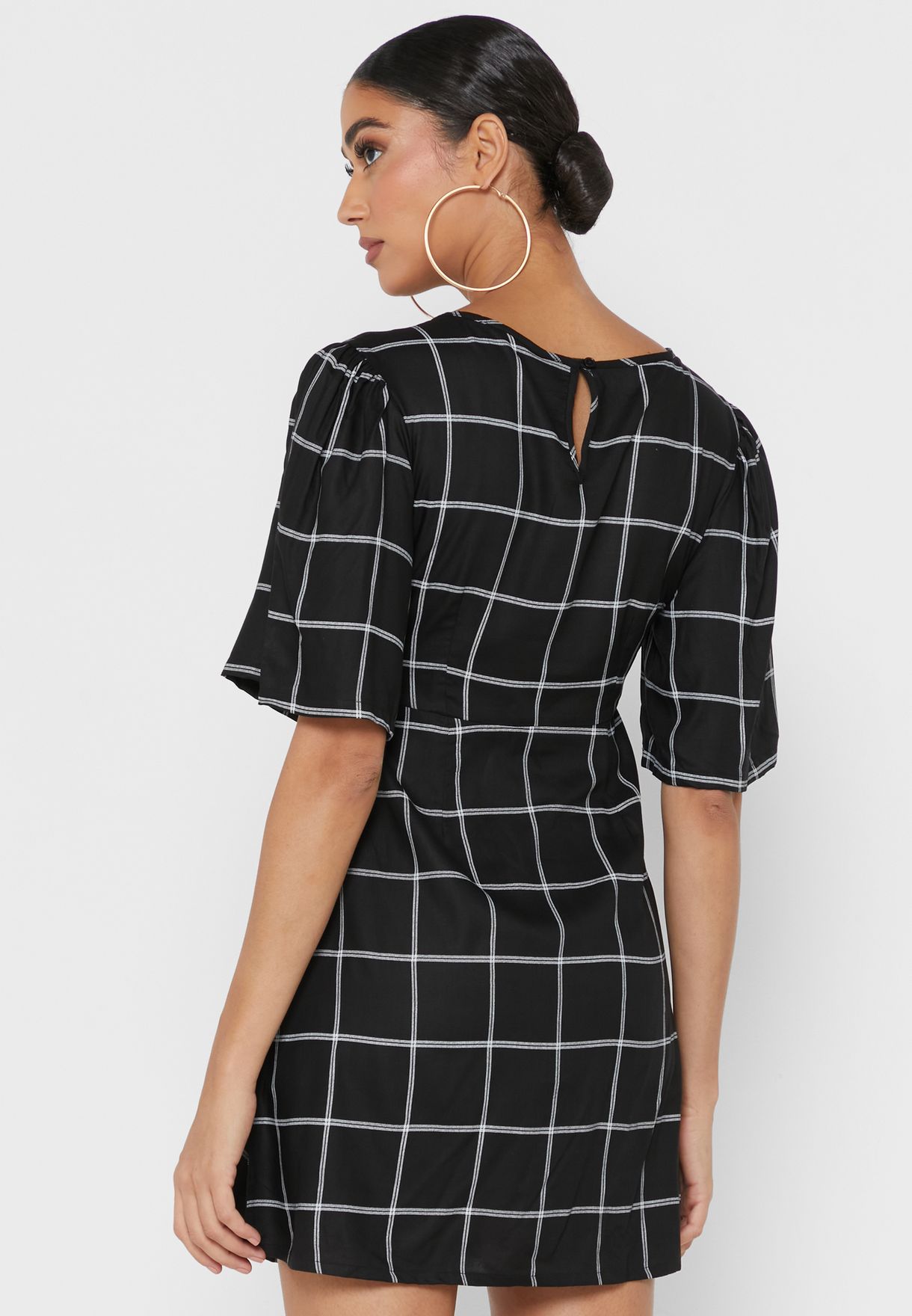 Puff Sleeve Checked Cut Out Detail Dress