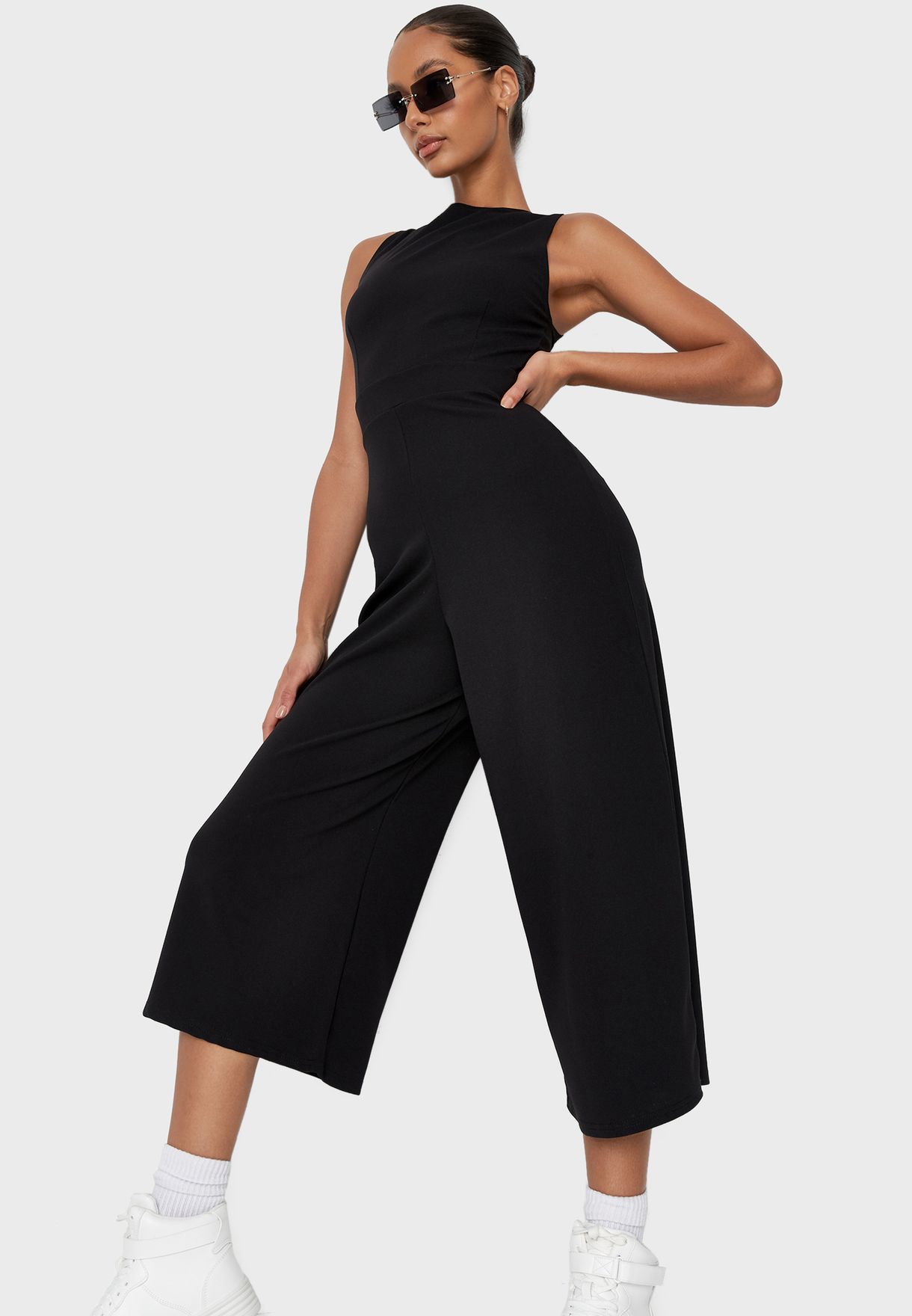 black wide leg culotte jumpsuit