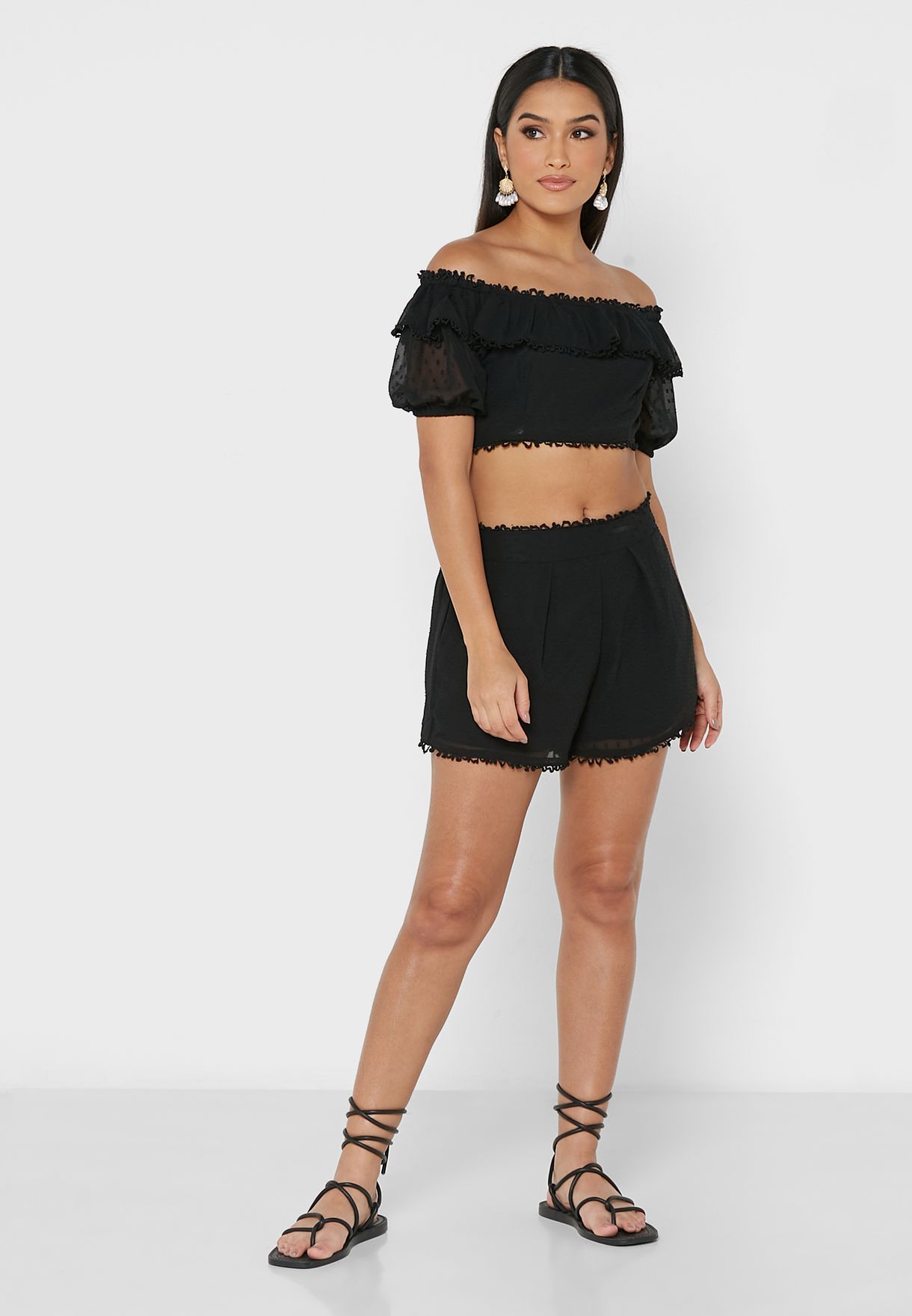 Bardot Lace Trim Crop Top & Shorts Set