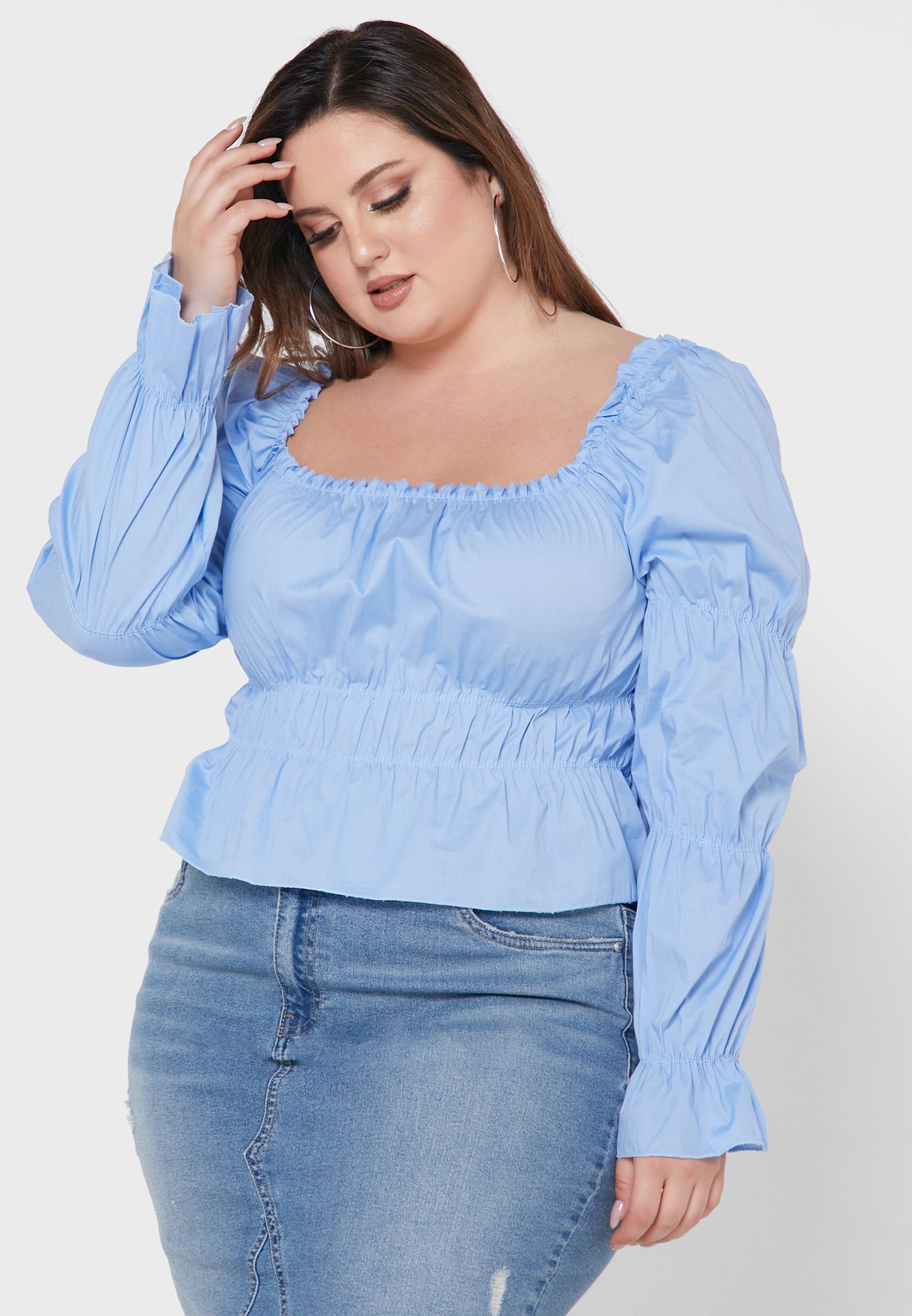 Buy I Saw It First Curve blue Broad Neck Shirred Top for Women in Dubai ...