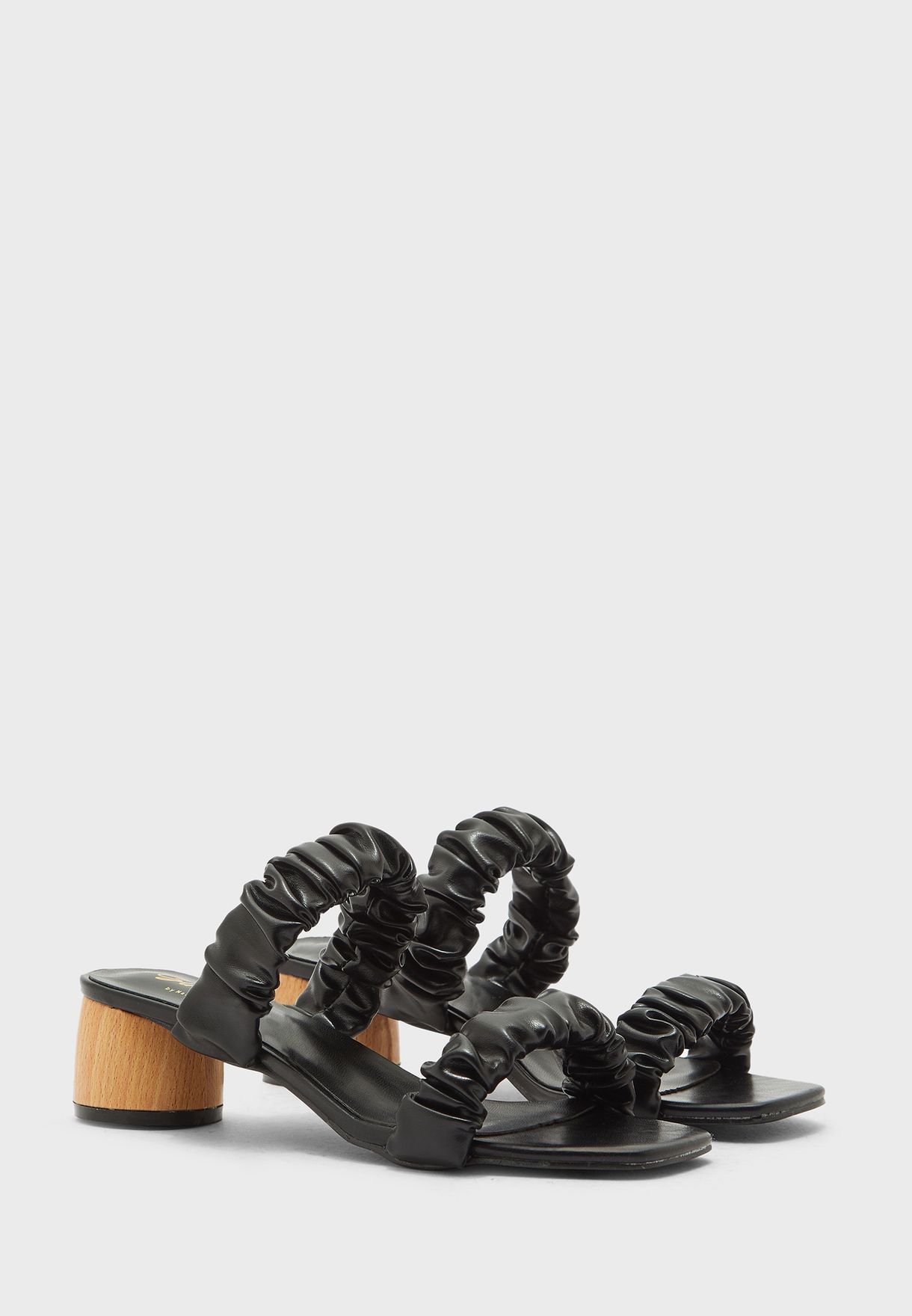 Ruched Strap Wooden Feature Heel Sandal 