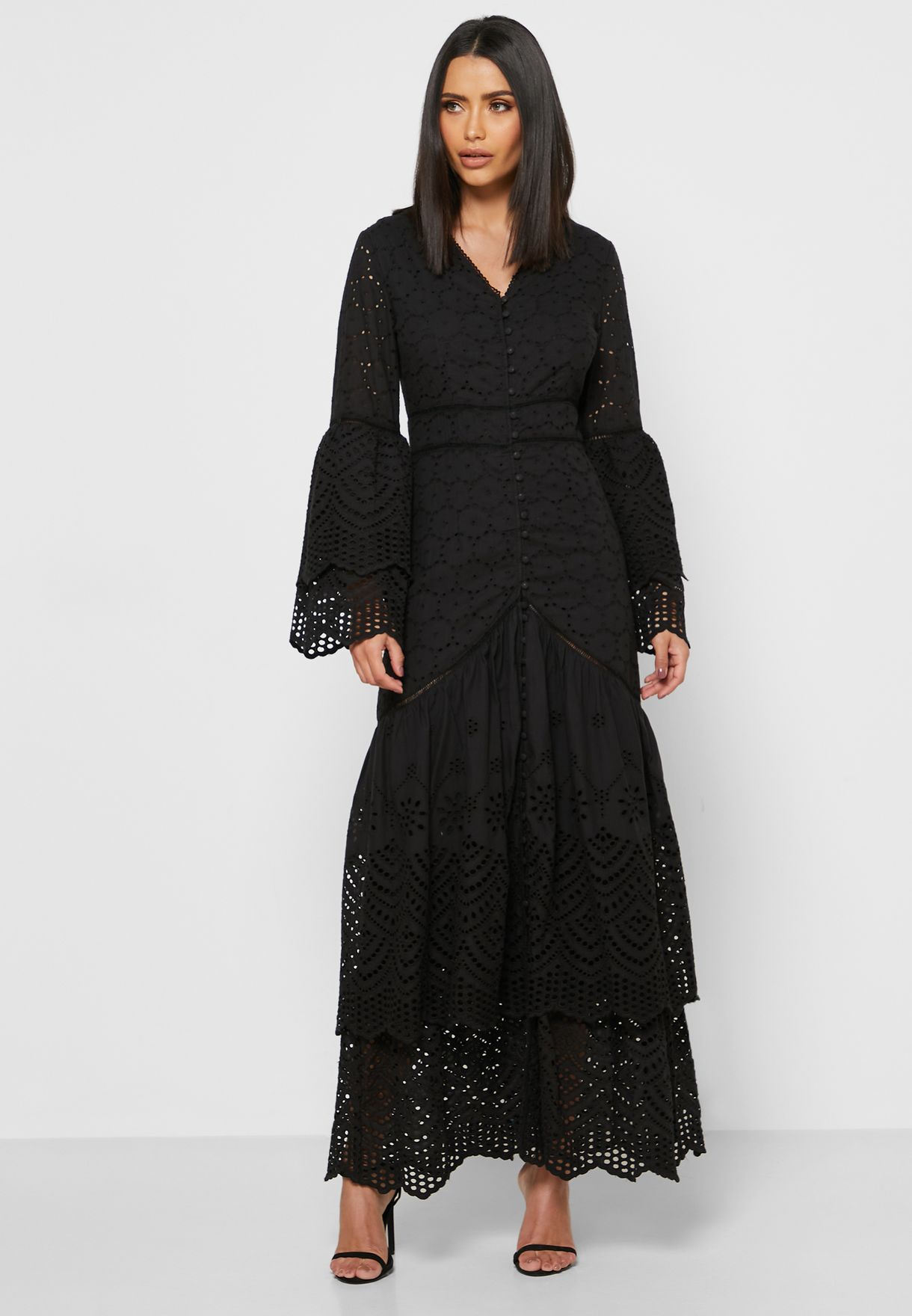 Buy Khizana black Schiffli Ruffle Trim Maxi Dress for Women in Dubai ...