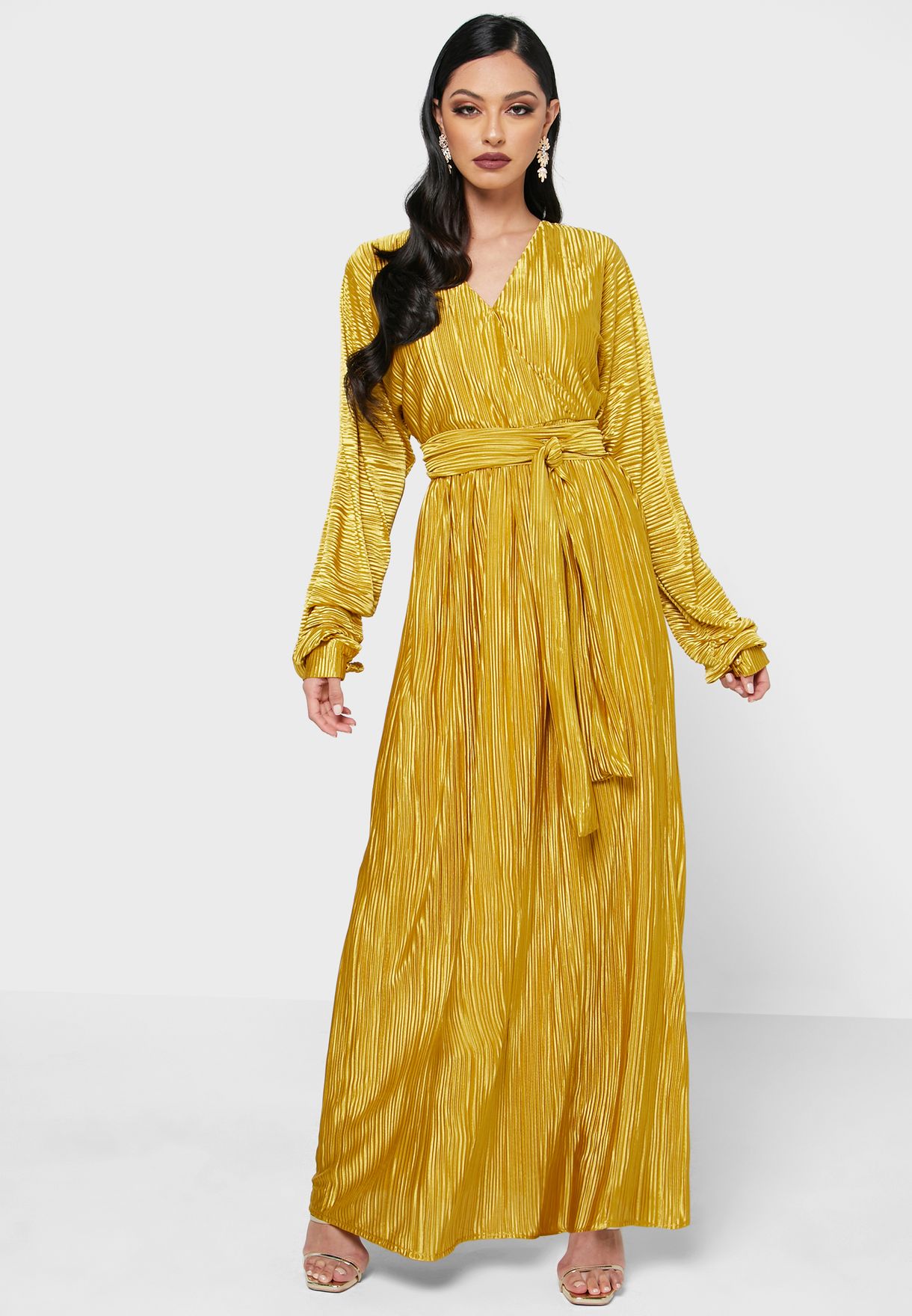 Buy Golden Apple yellow Belted Plisse Dress for Women in Dubai, Abu Dhabi