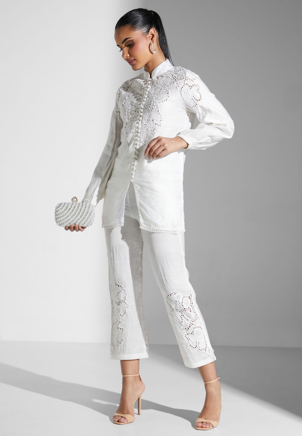 Schiffli Embroidered Top And Pants Set
