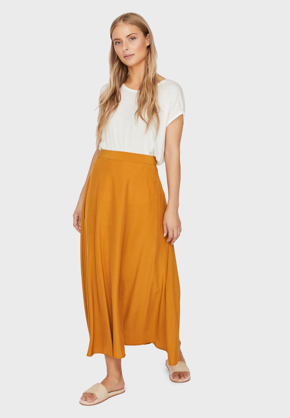 orange pleated maxi skirt