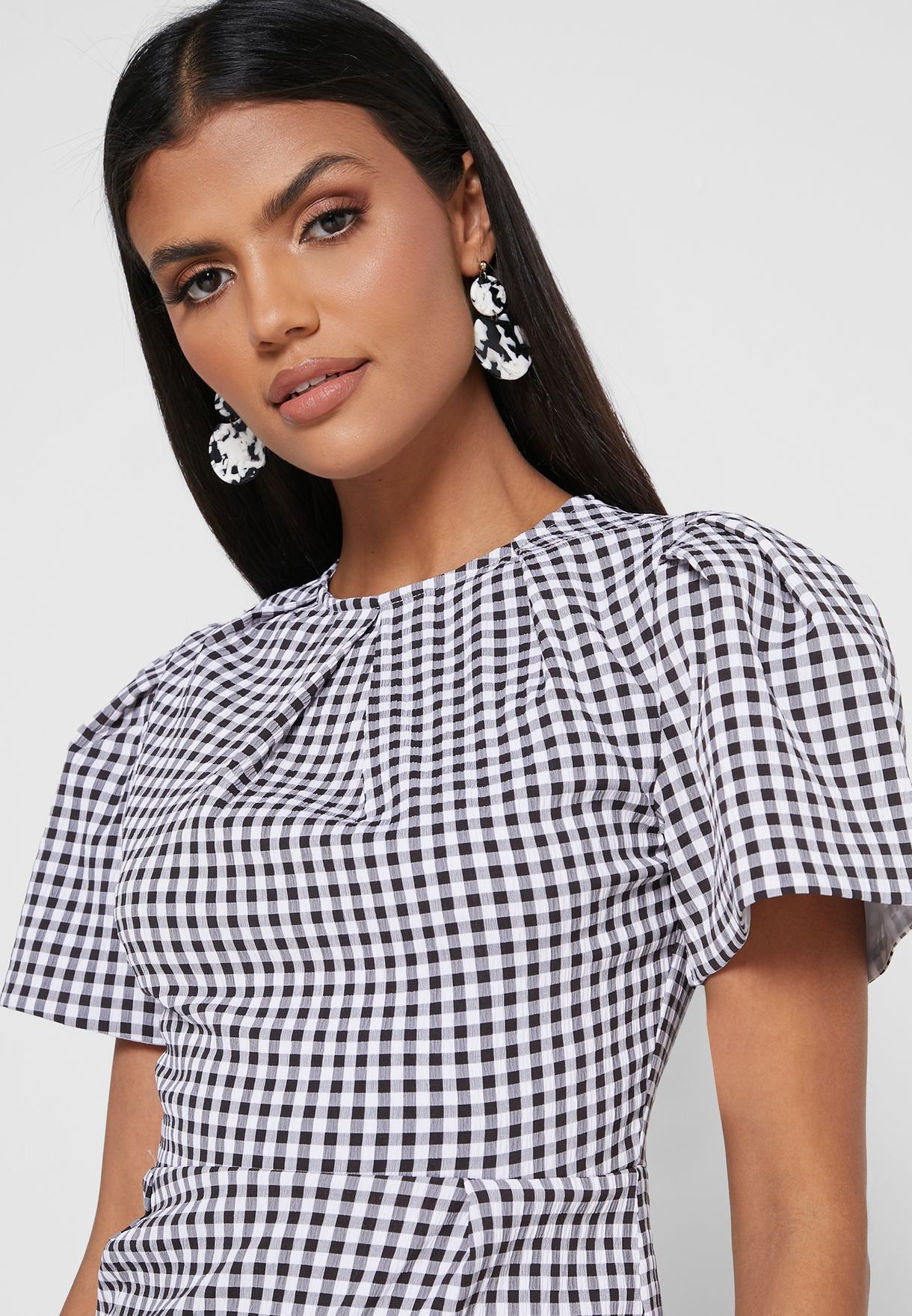 Checkered Puff Sleeve Dress
