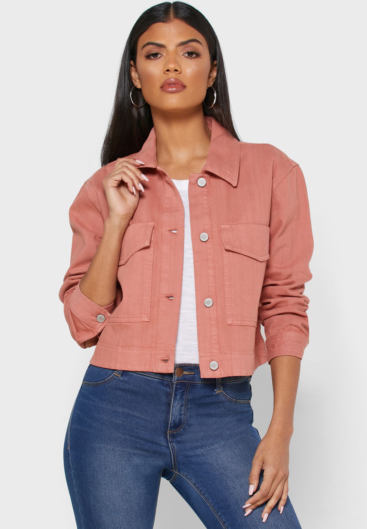 pink cropped denim jacket