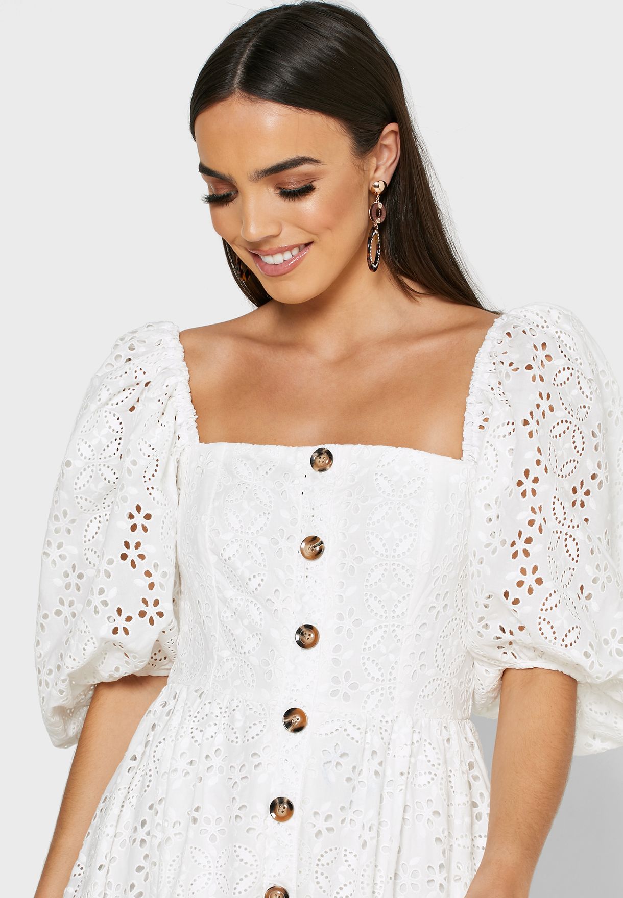 Buy Threadz By Ajoni white Puff Sleeve Button Through Schiffli Dress ...