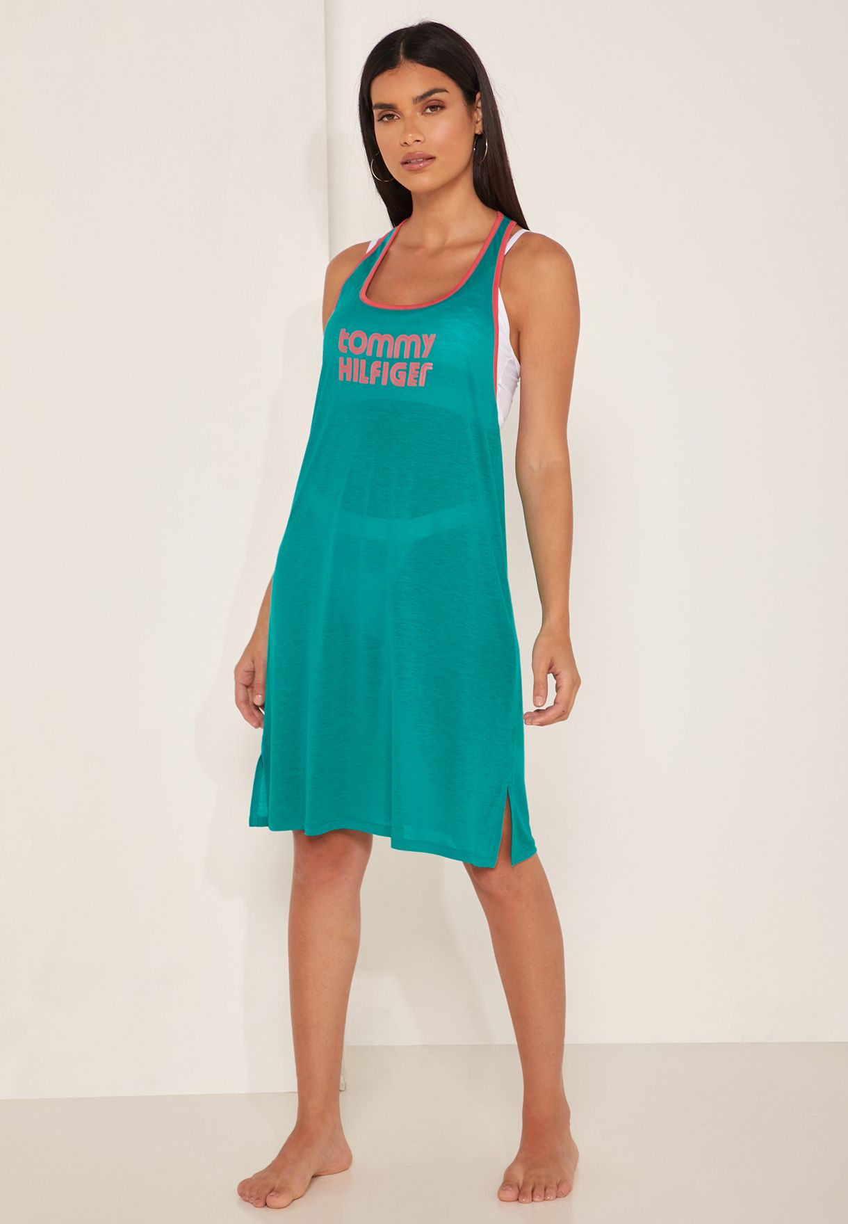 Shop Tommy Hilfiger Green Contrast Trim Logo Tank Dress Uw0uw02150