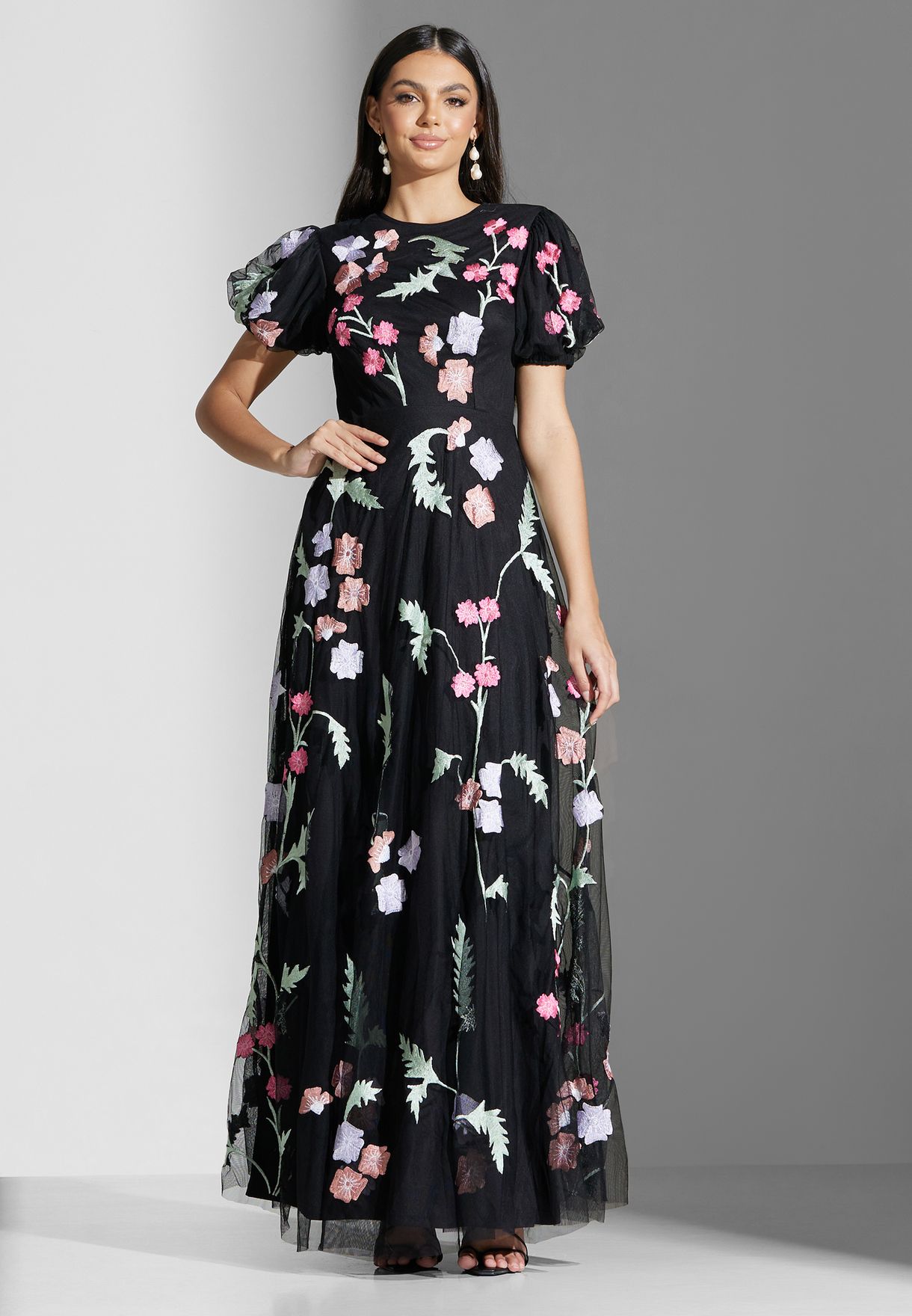 Floral Embroidered Puff Sleeve Dress