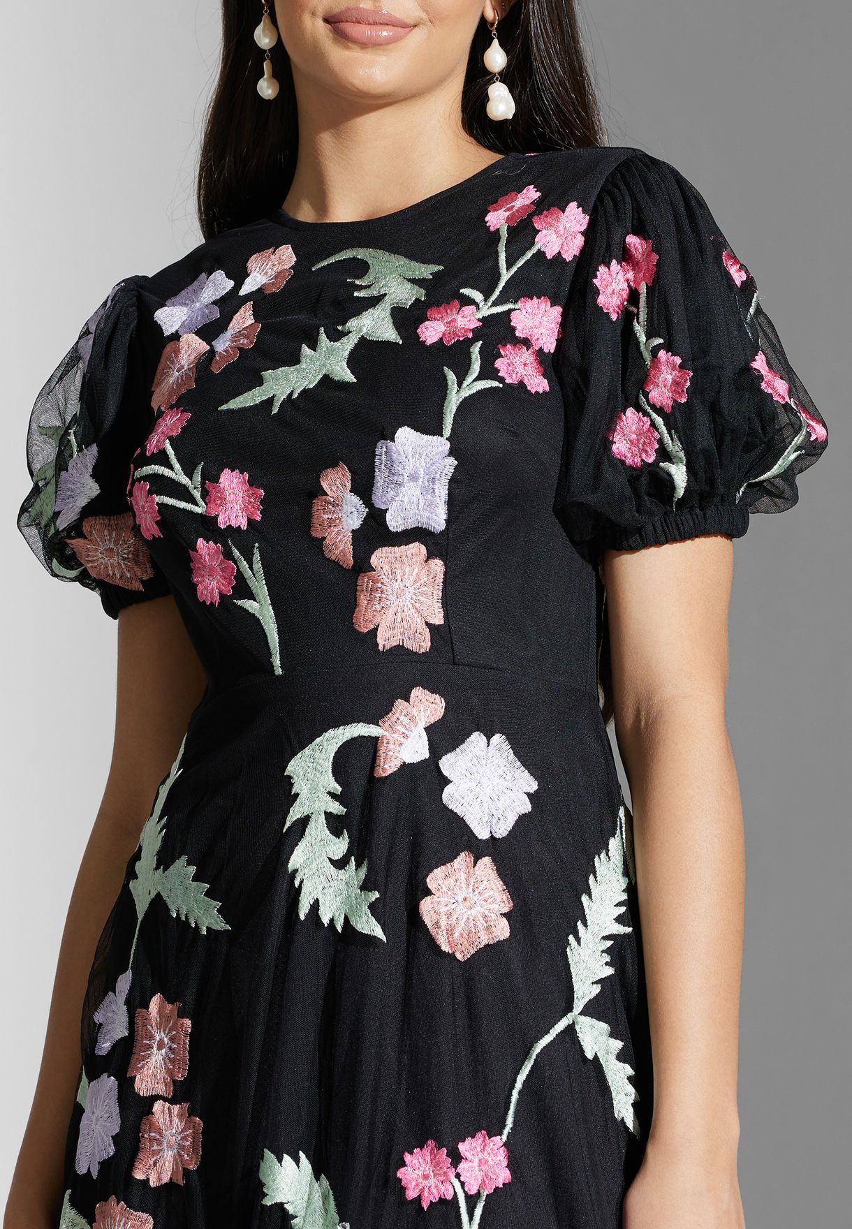 Floral Embroidered Puff Sleeve Dress