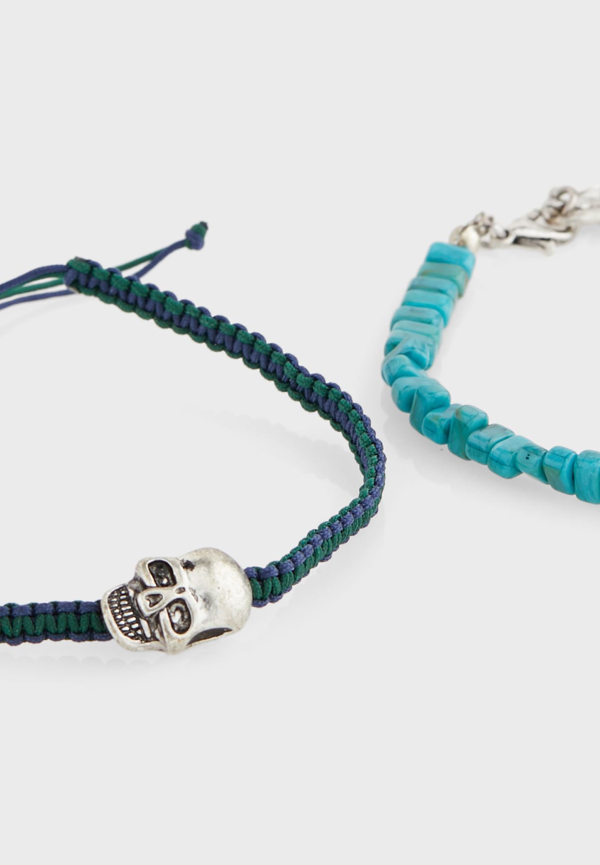 2 Pack Skull Chain And Turq Beads Bracelets