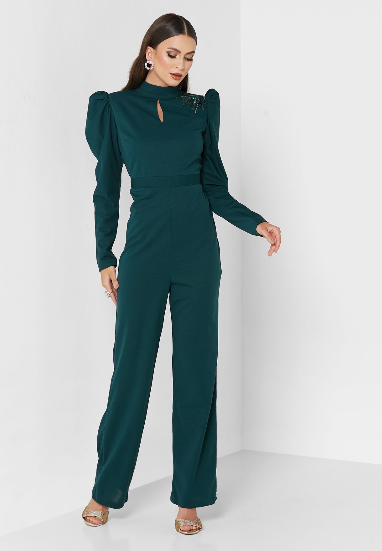 Solid Mutton Sleeve Jumpsuit