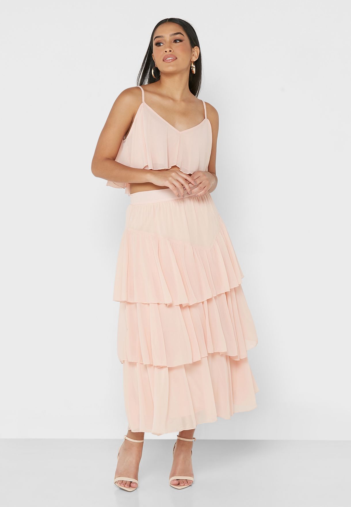Cold Shoulder Ruffle Detail Crop Top & Skirt Set